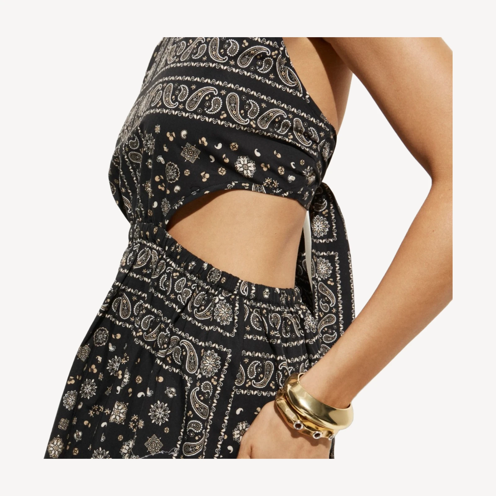 Side-cutout halter dress in bandana-print cotton poplin