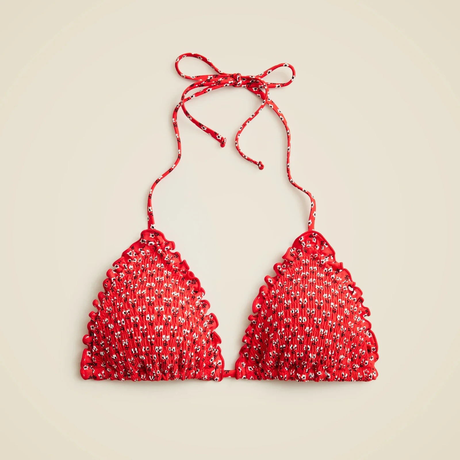 Smocked ruffle-trim string bikini top in ditsy floral print