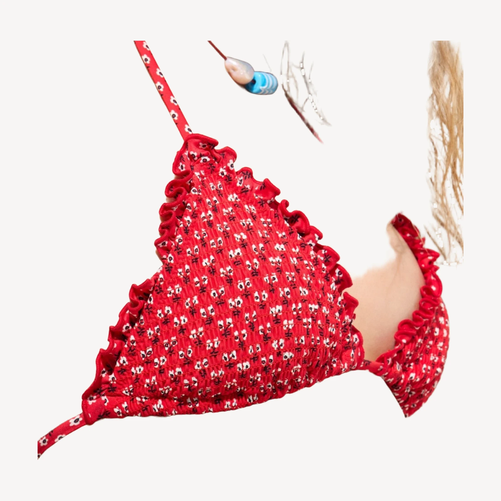 Smocked ruffle-trim string bikini top in ditsy floral print