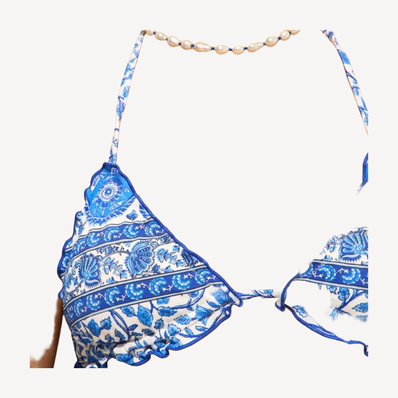Ruffle-trim string bikini top in banana block print