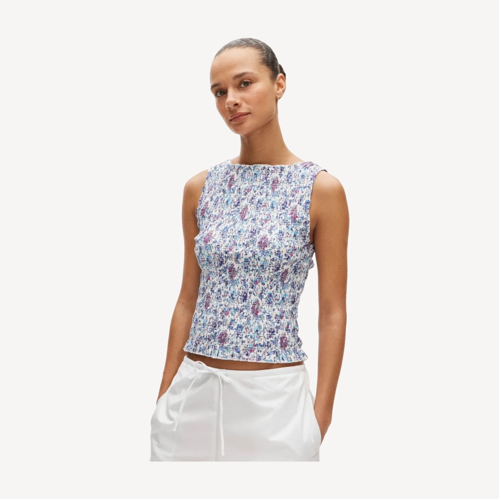 Smocked shell tank top in floral-print cotton