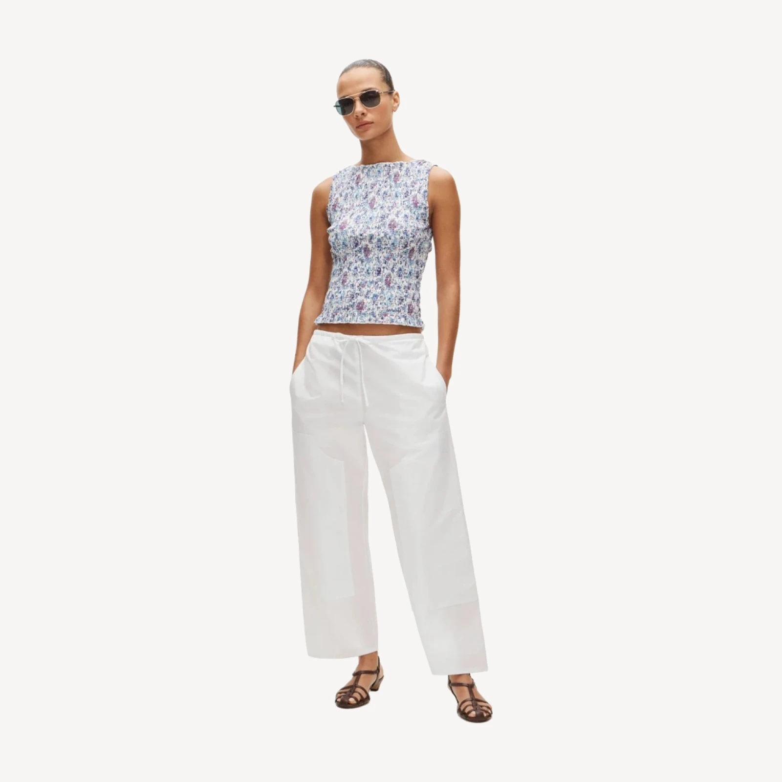 Smocked shell tank top in floral-print cotton