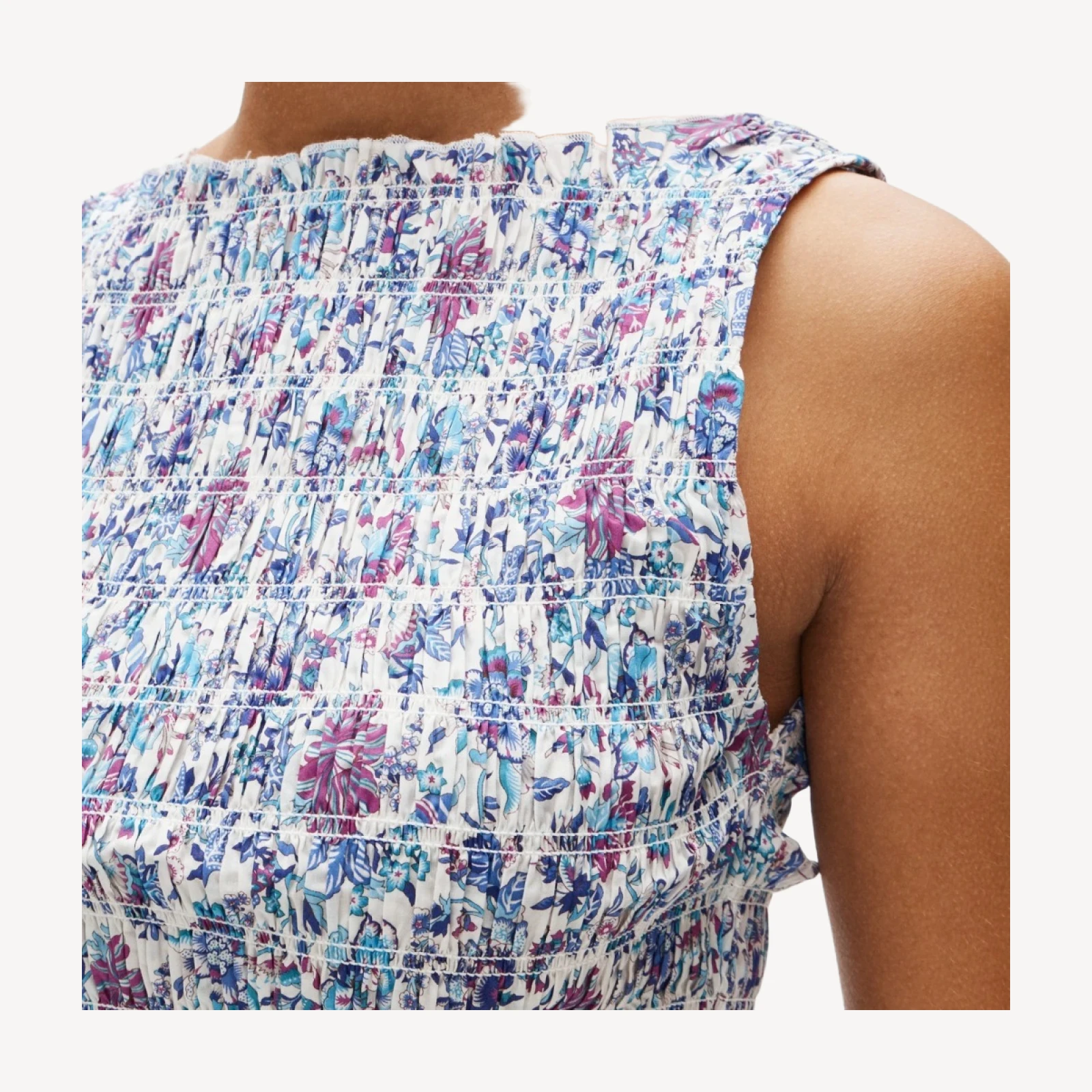Smocked shell tank top in floral-print cotton