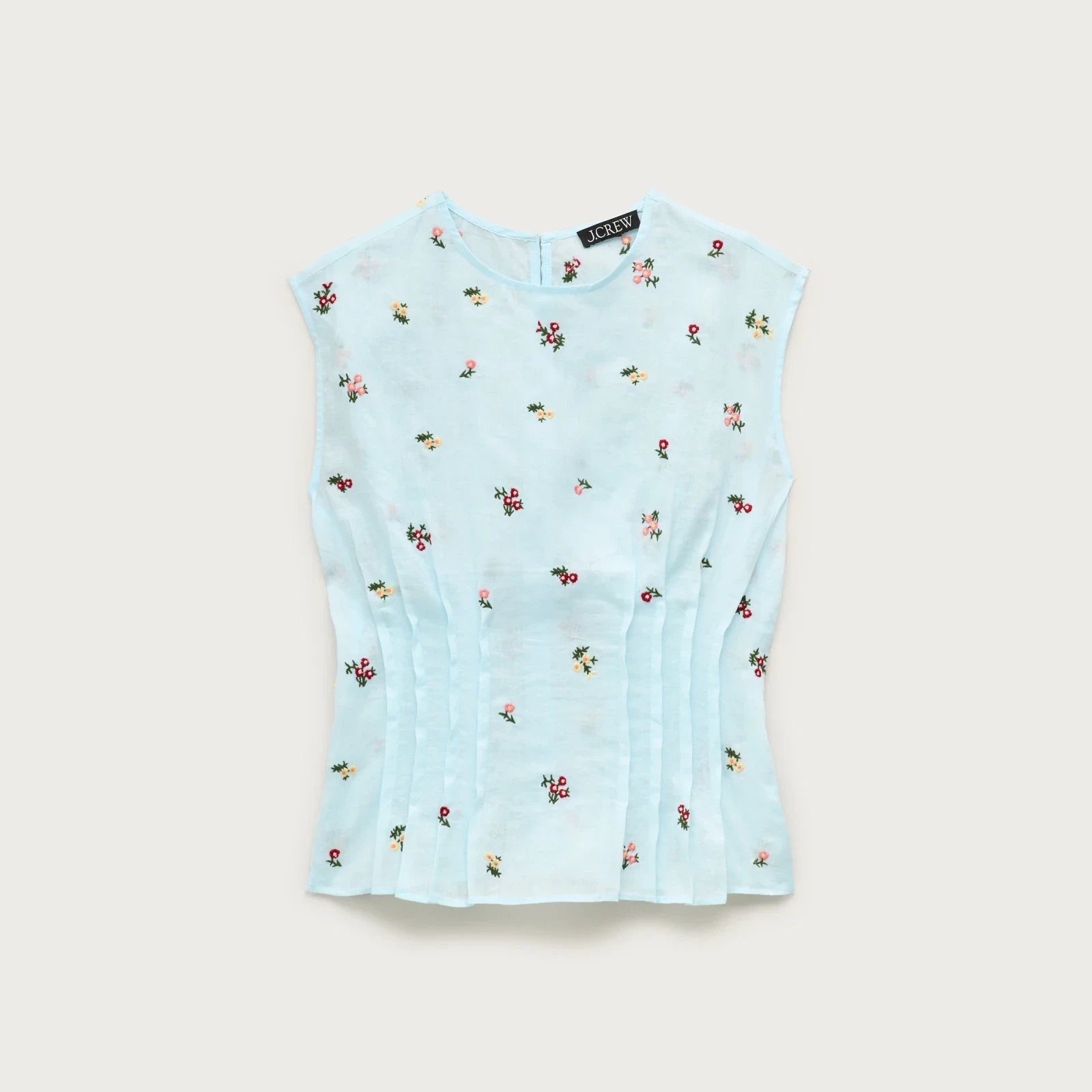 Pintuck shell top in ramie with embroidered florals