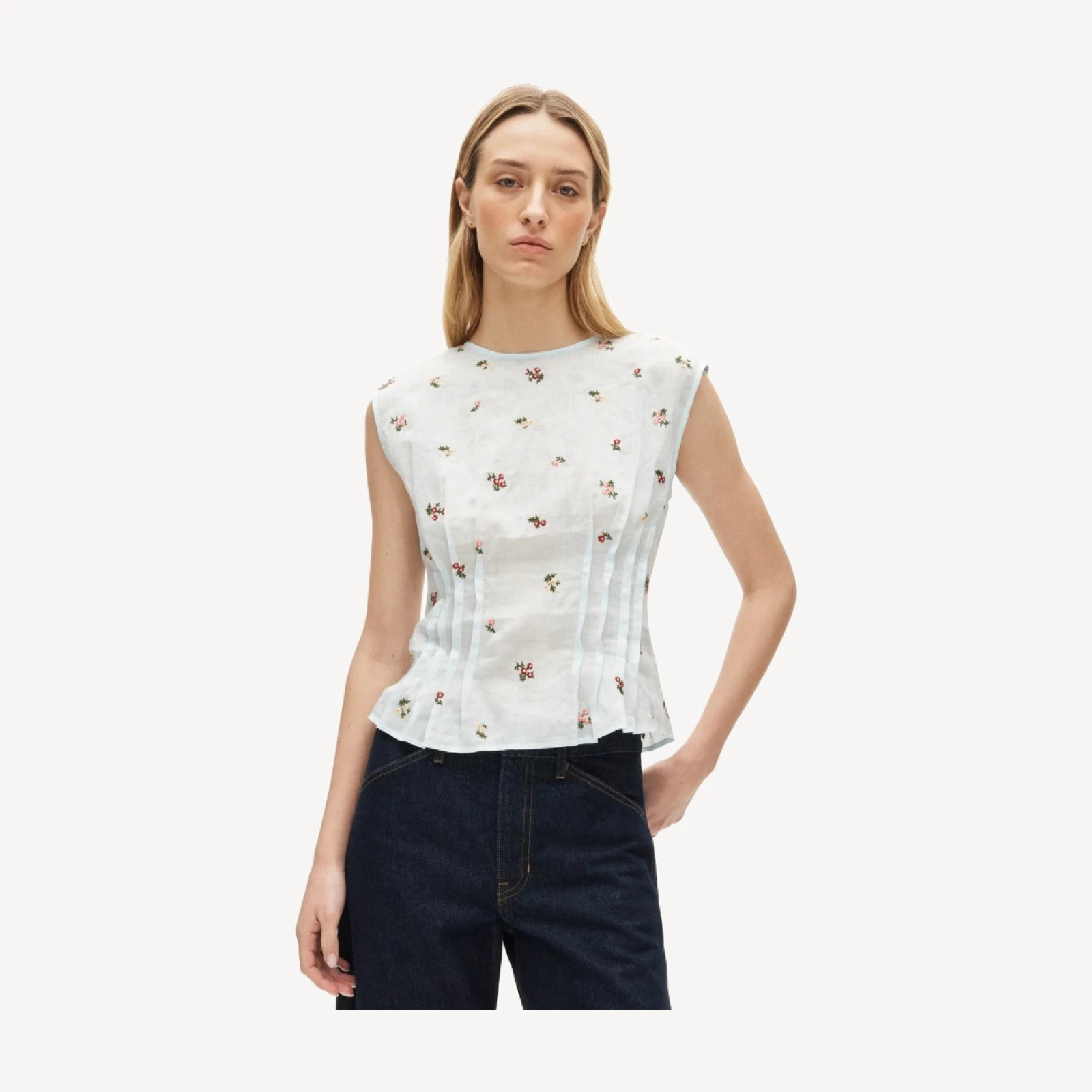 Pintuck shell top in ramie with embroidered florals