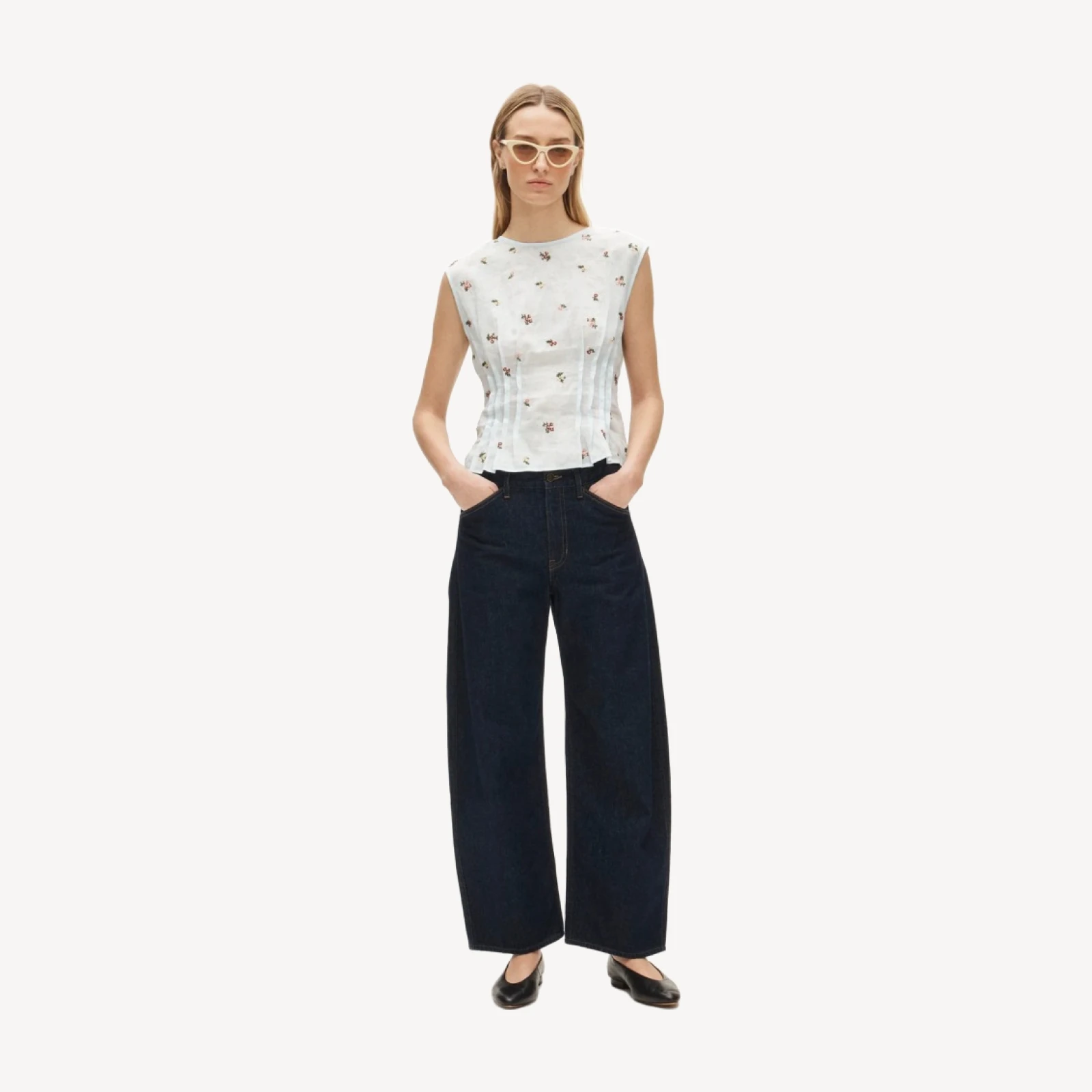 Pintuck shell top in ramie with embroidered florals