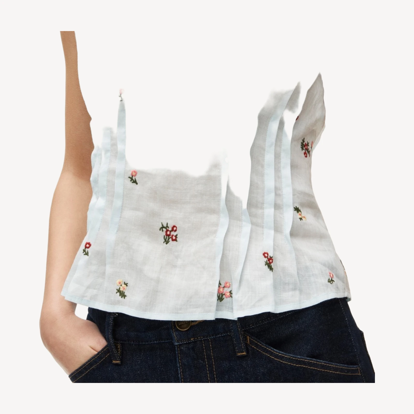 Pintuck shell top in ramie with embroidered florals