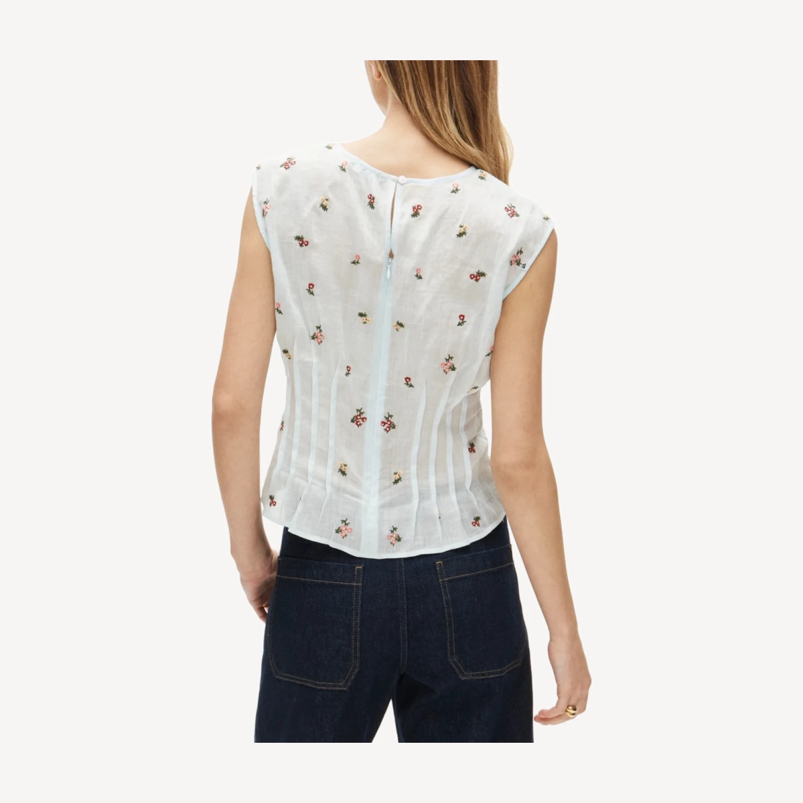 Pintuck shell top in ramie with embroidered florals
