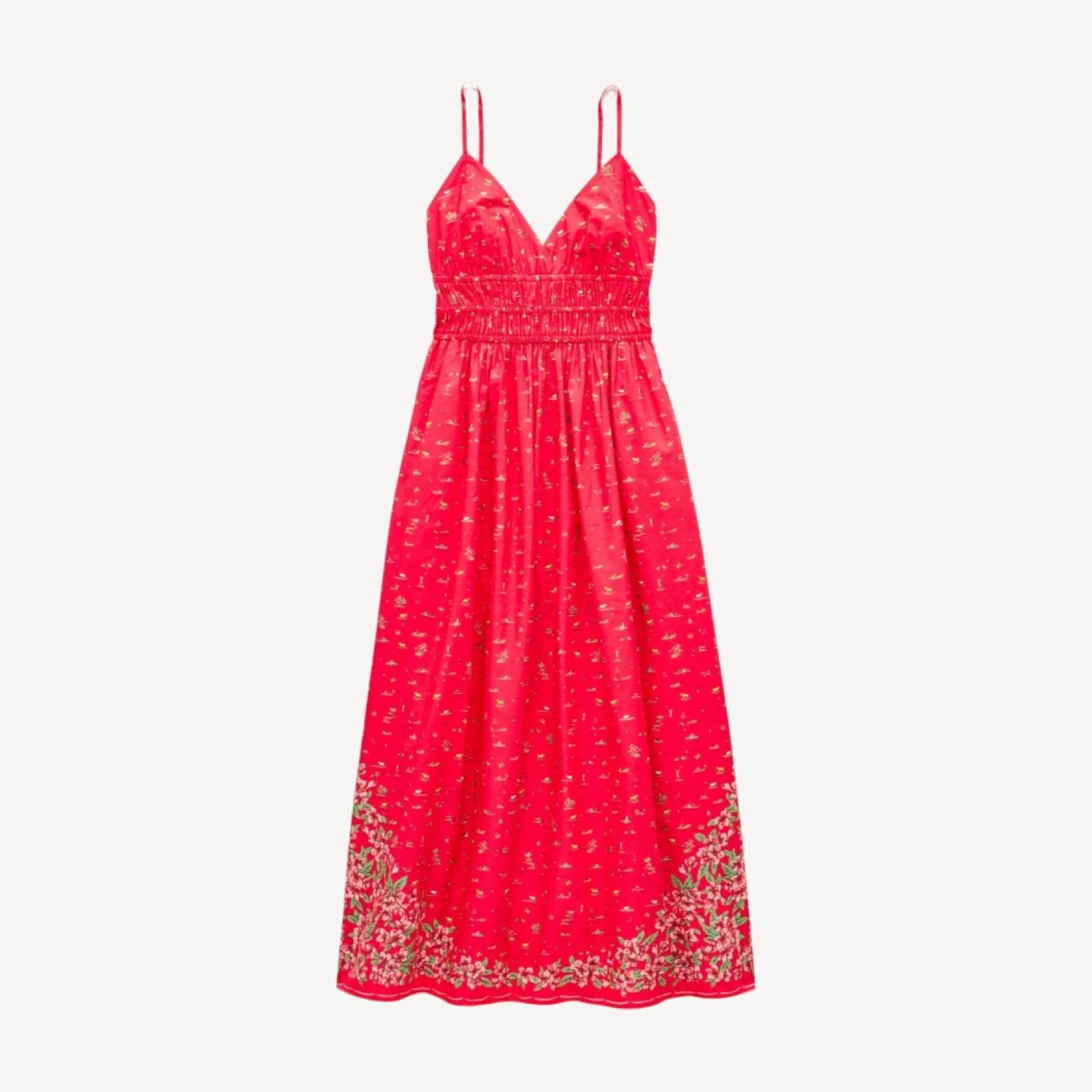 Smocked-waist V-neck dress in map print