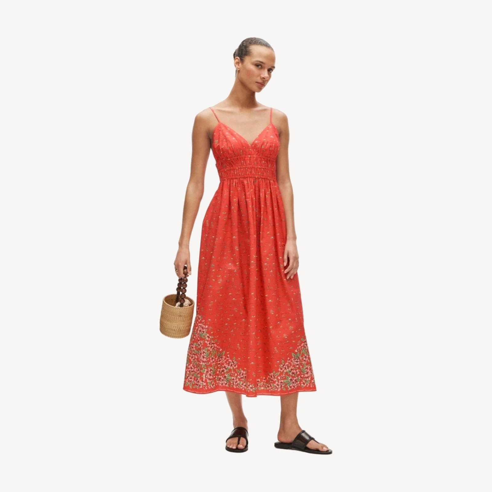 Smocked-waist V-neck dress in map print