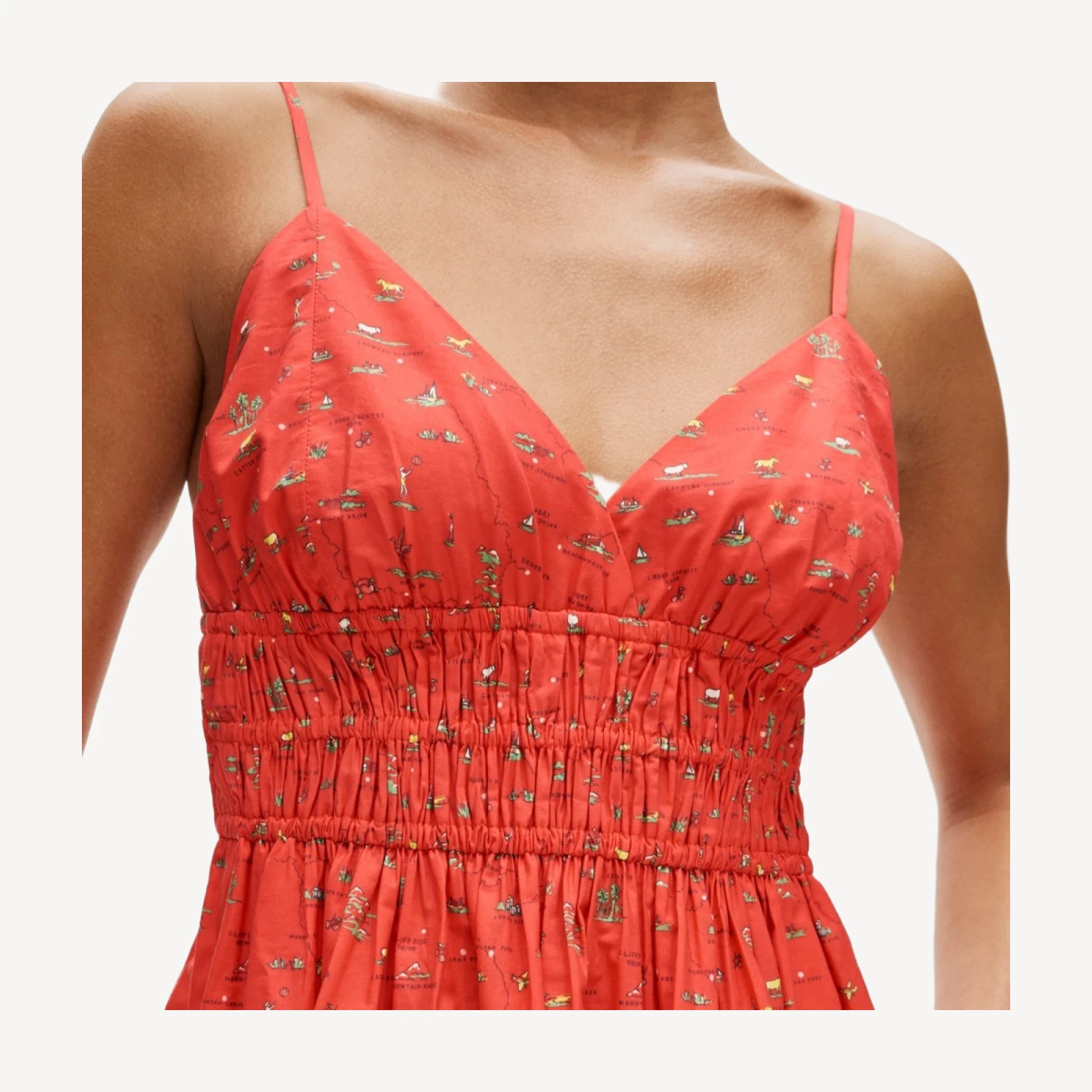 Smocked-waist V-neck dress in map print