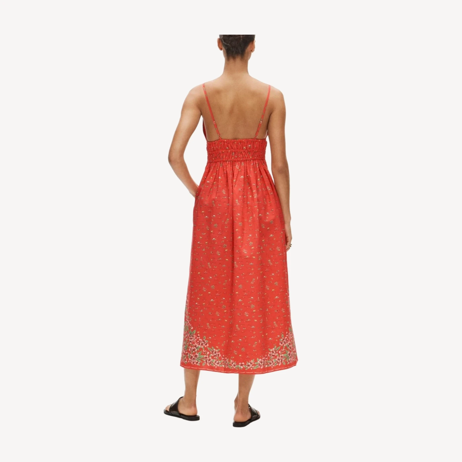 Smocked-waist V-neck dress in map print