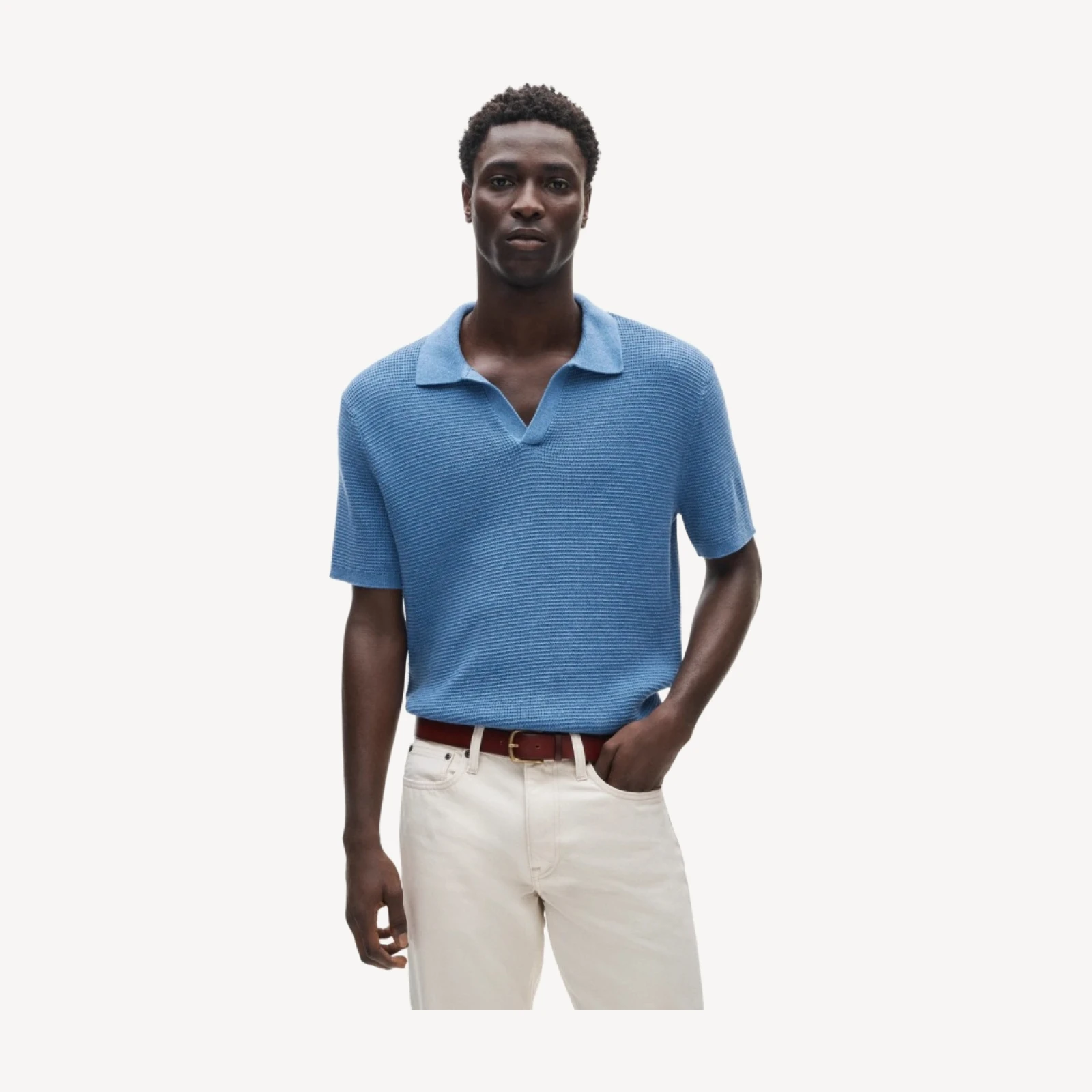 Short-sleeve cotton waffle-knit johnny-collar sweater-polo