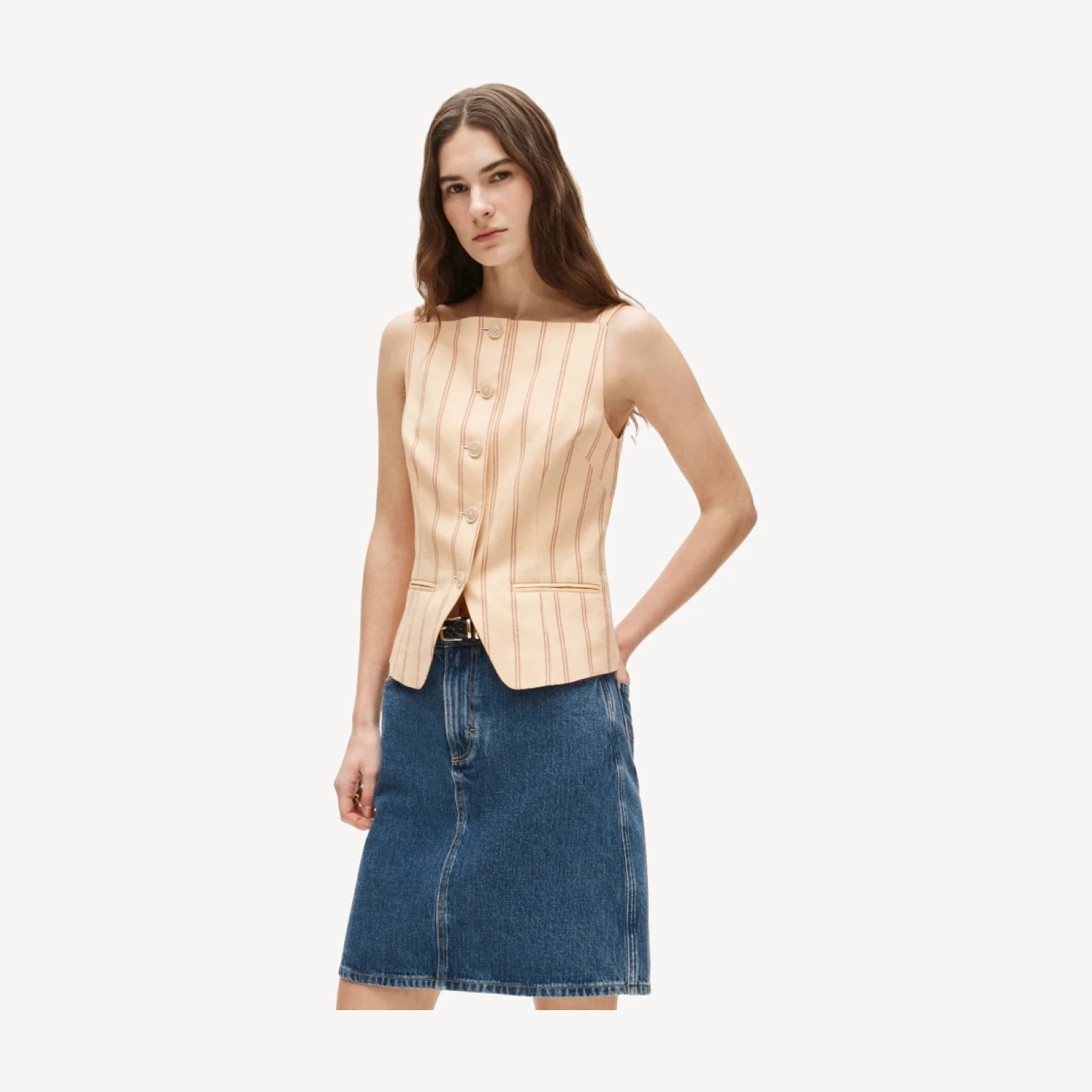 Button-up cutaway tank top in striped Gramercy linen blend