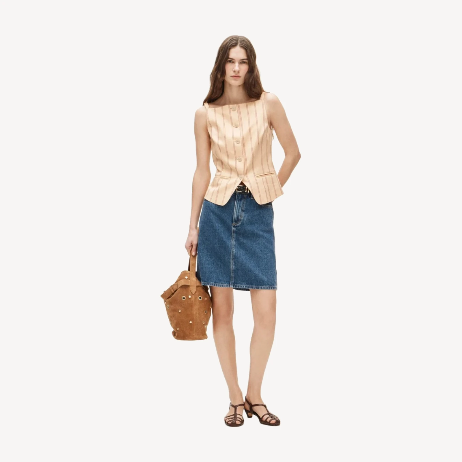 Button-up cutaway tank top in striped Gramercy linen blend