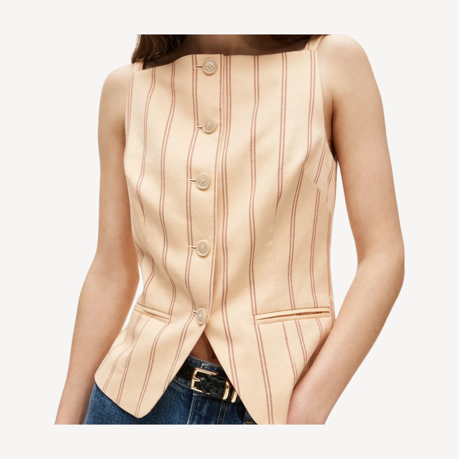 Button-up cutaway tank top in striped Gramercy linen blend