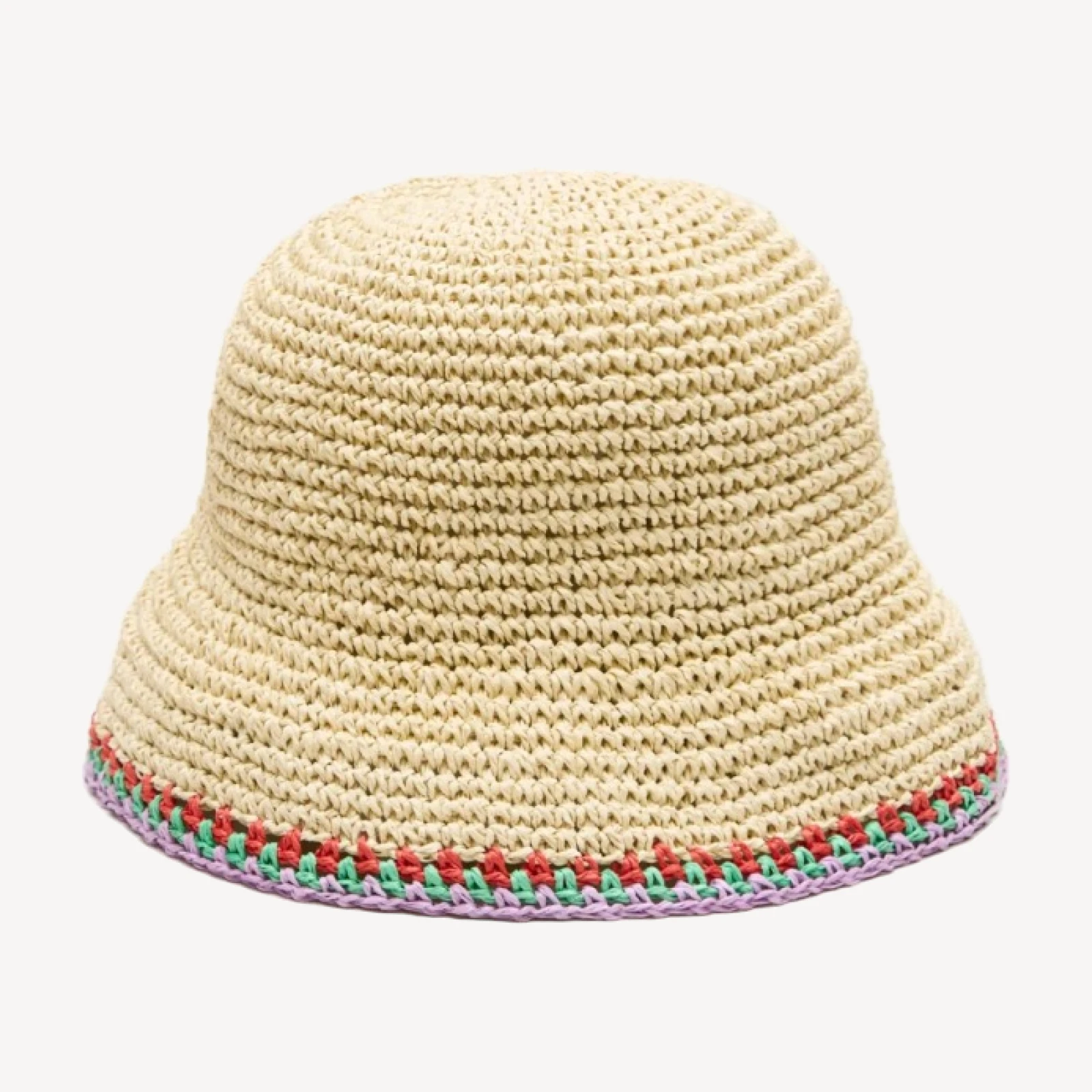 Straw bucket hat with crochet trim