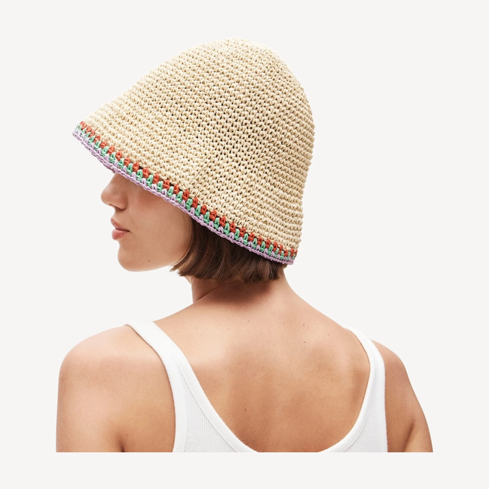 Straw bucket hat with crochet trim