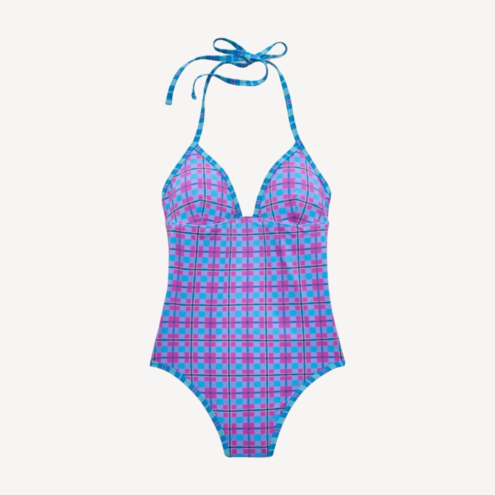 V-neck one-piece in reversible plaid print