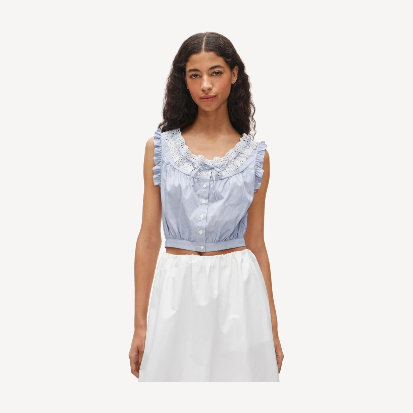 Embroidered ruffle-trim cropped tank top