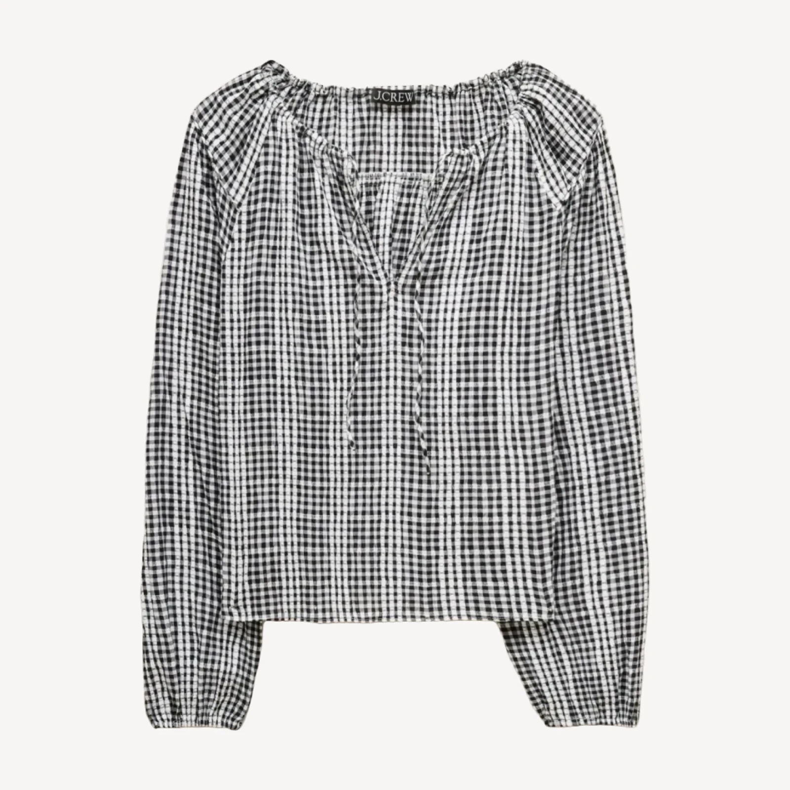 Tie-front popover top in gingham seersucker