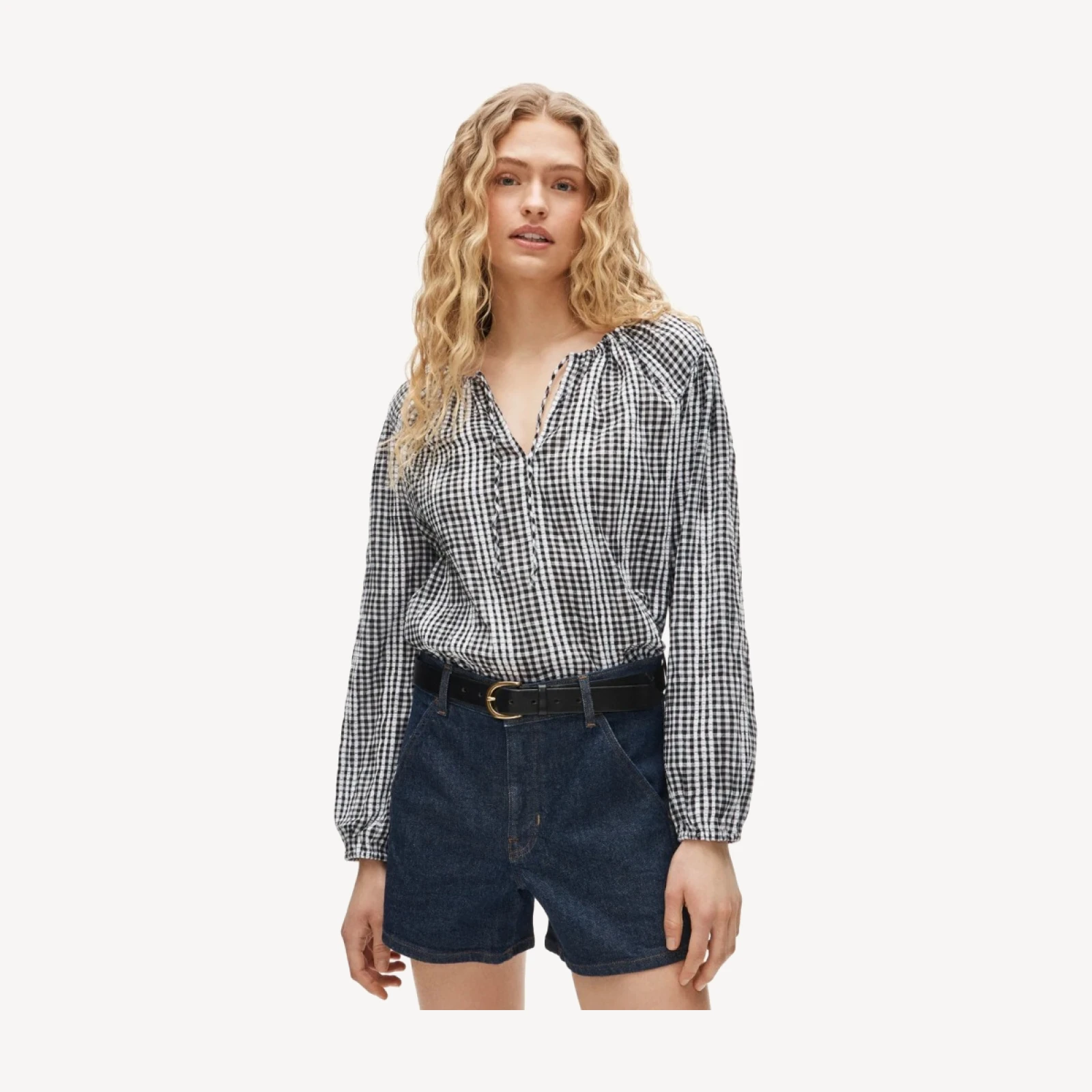 Tie-front popover top in gingham seersucker