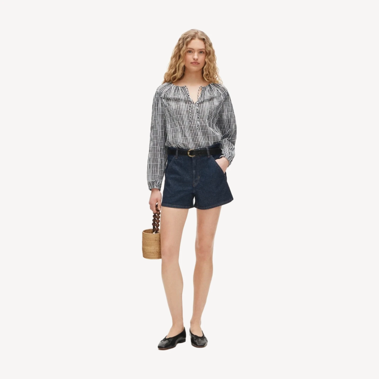 Tie-front popover top in gingham seersucker