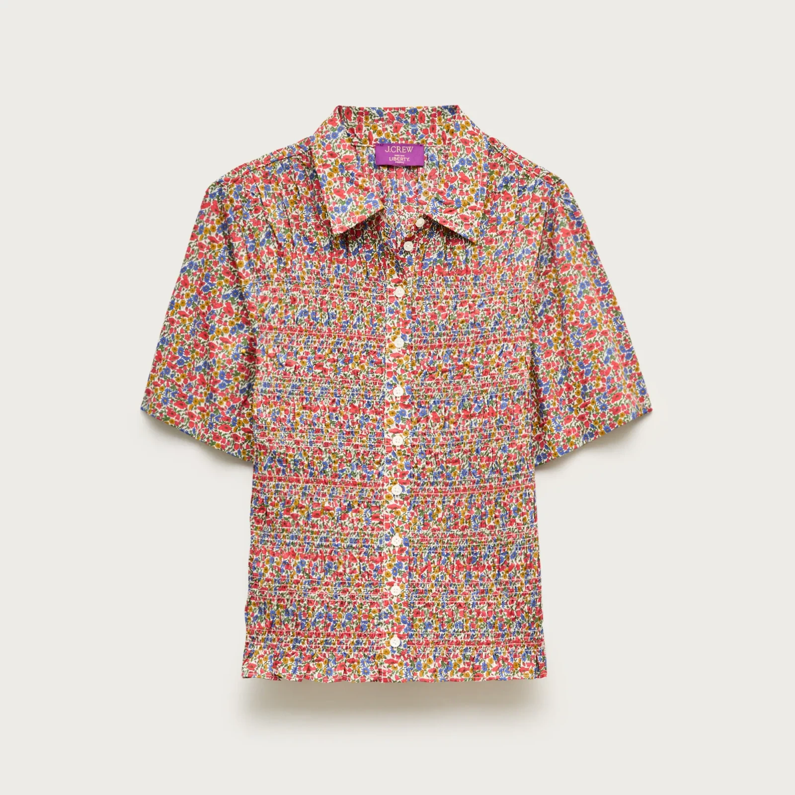 Smocked short-sleeve button-up shirt in Liberty® floral fabric