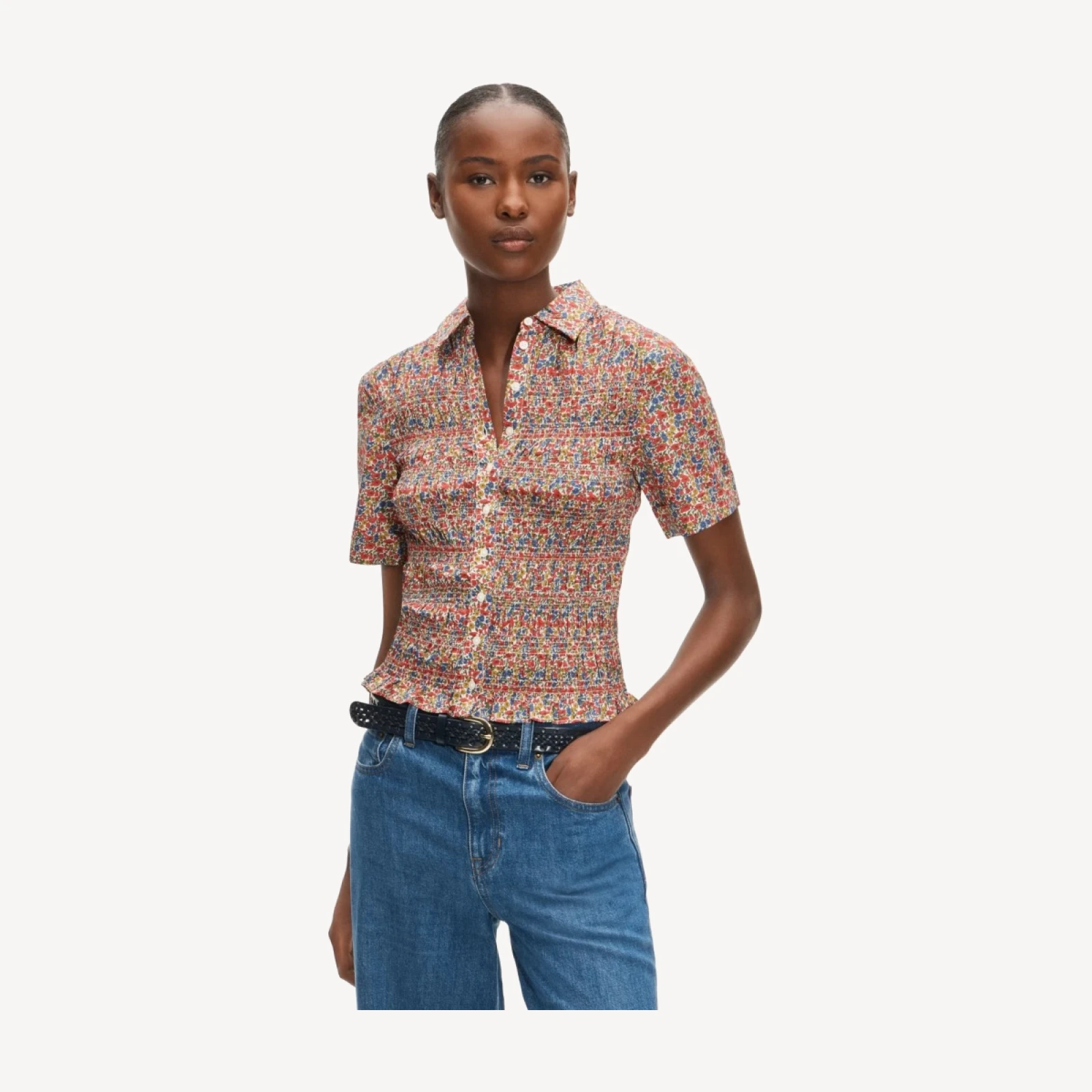 Smocked short-sleeve button-up shirt in Liberty® floral fabric