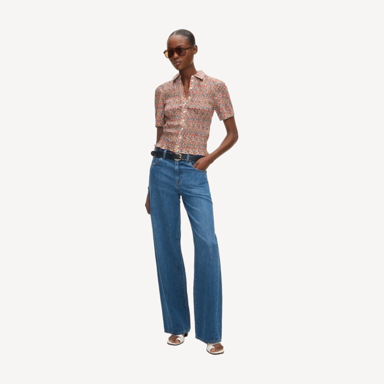Smocked short-sleeve button-up shirt in Liberty® floral fabric