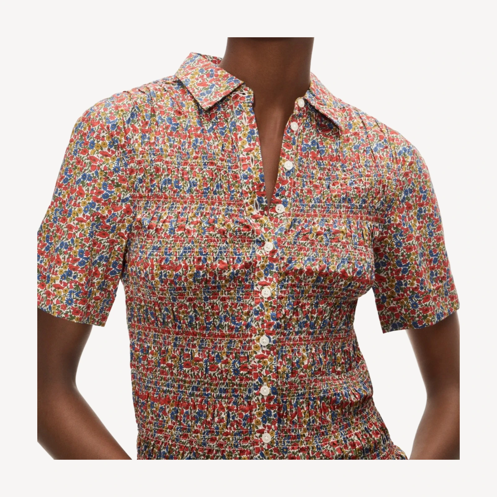 Smocked short-sleeve button-up shirt in Liberty® floral fabric