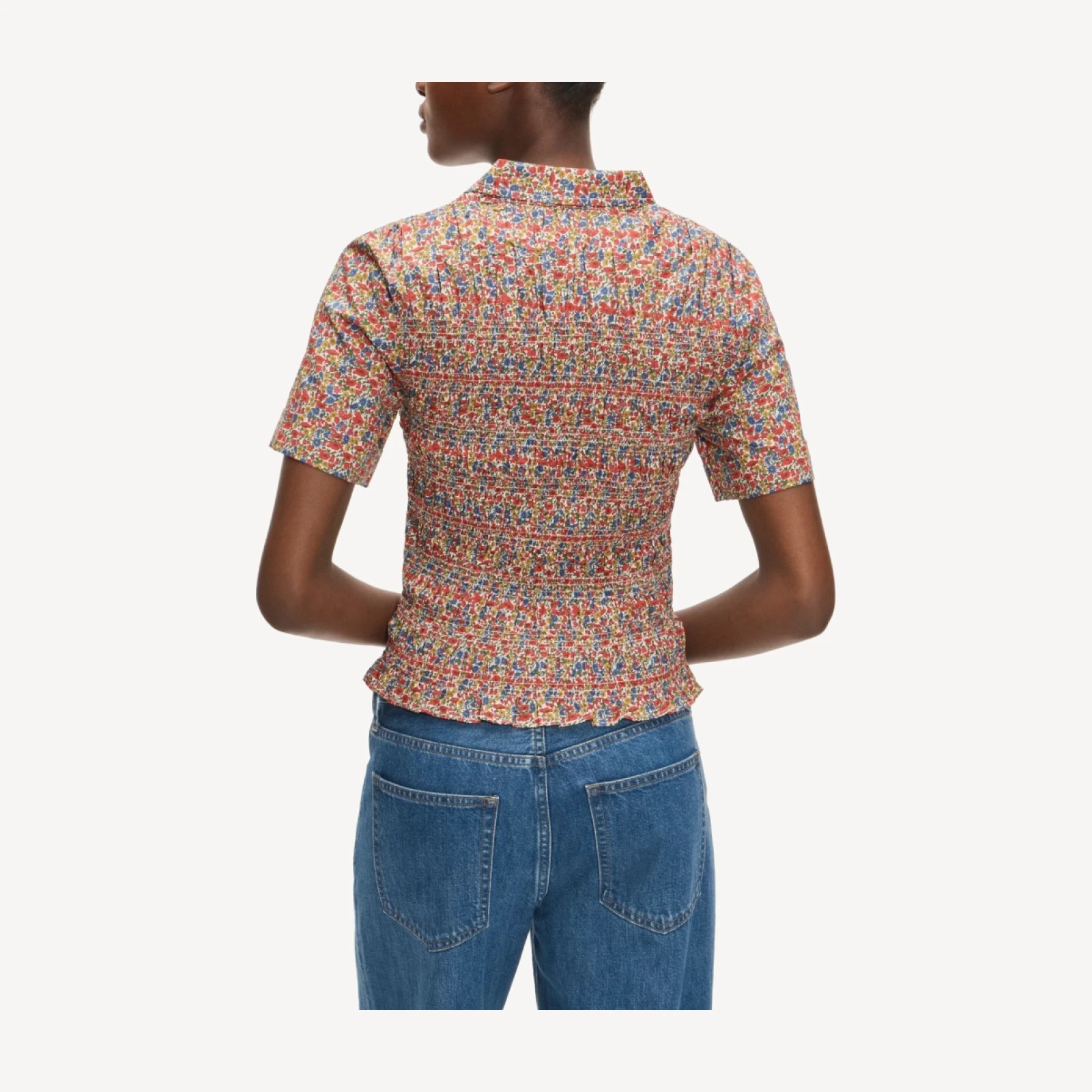 Smocked short-sleeve button-up shirt in Liberty® floral fabric