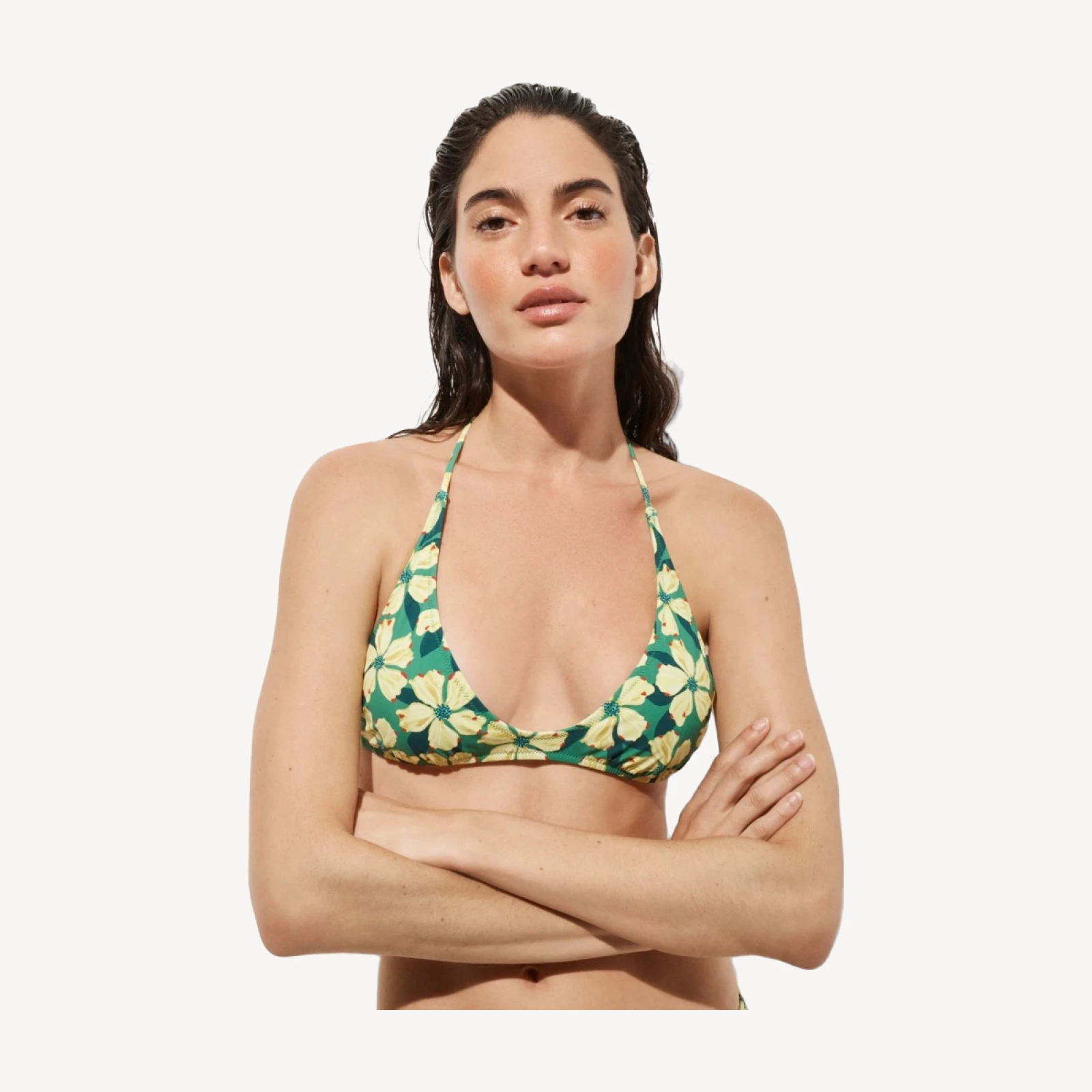 Halter-neck bikini top in tropical floral