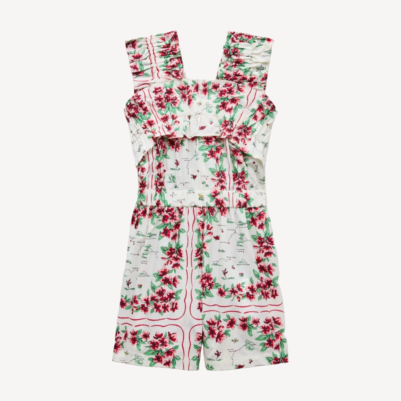 Girls' ruffle-trim romper in map floral