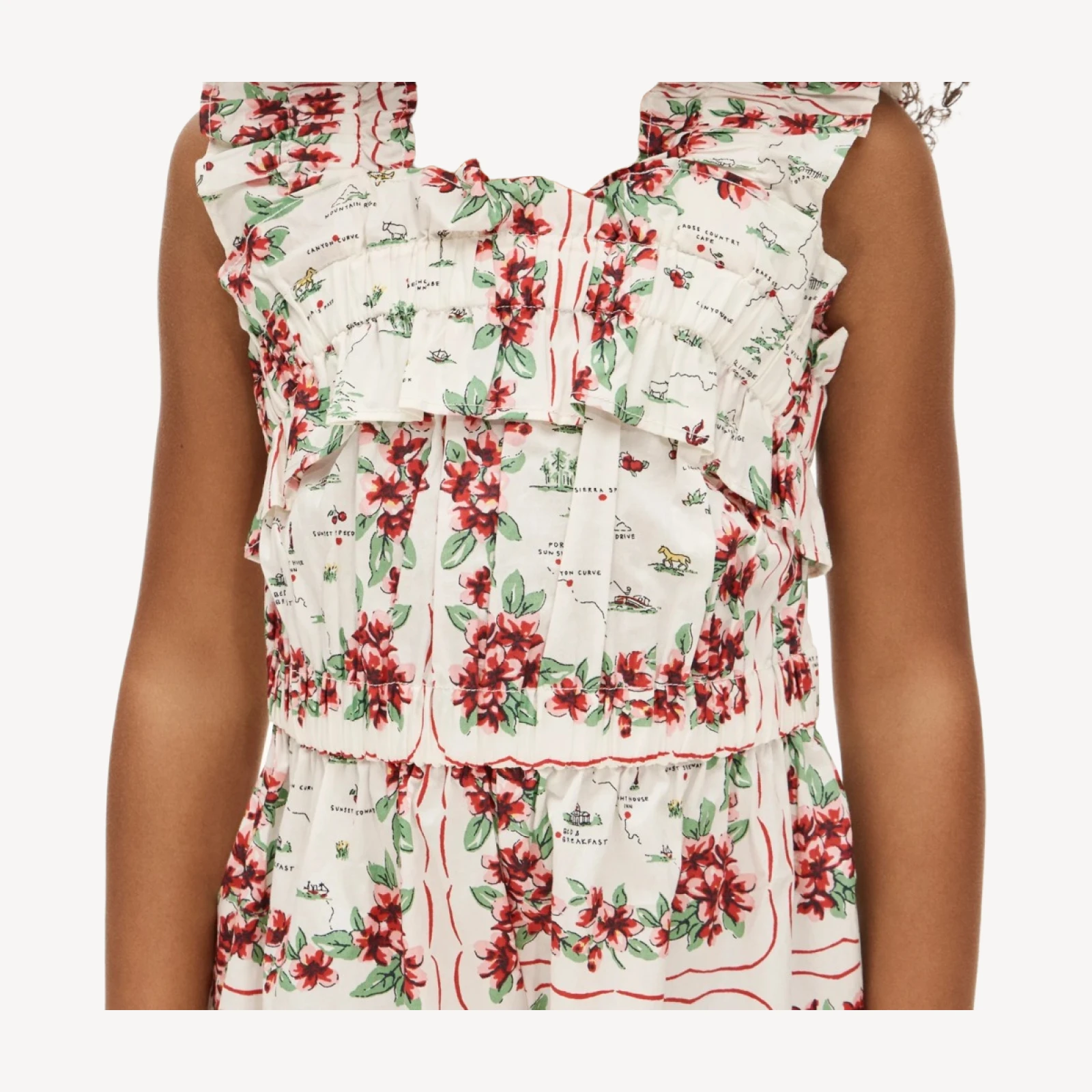 Girls' ruffle-trim romper in map floral