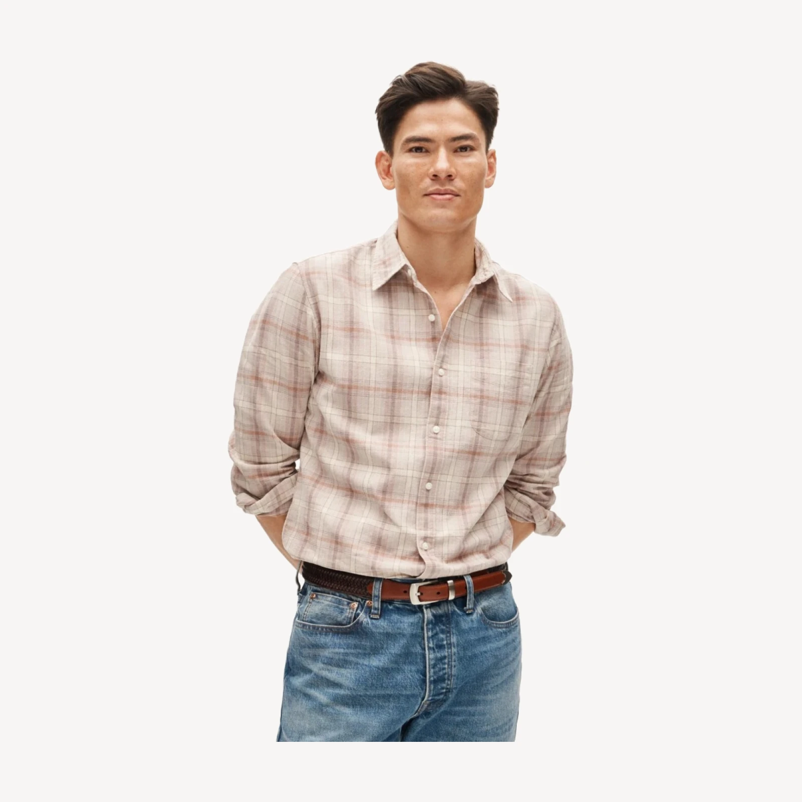 Linen-cotton blend shirt in shadow plaid