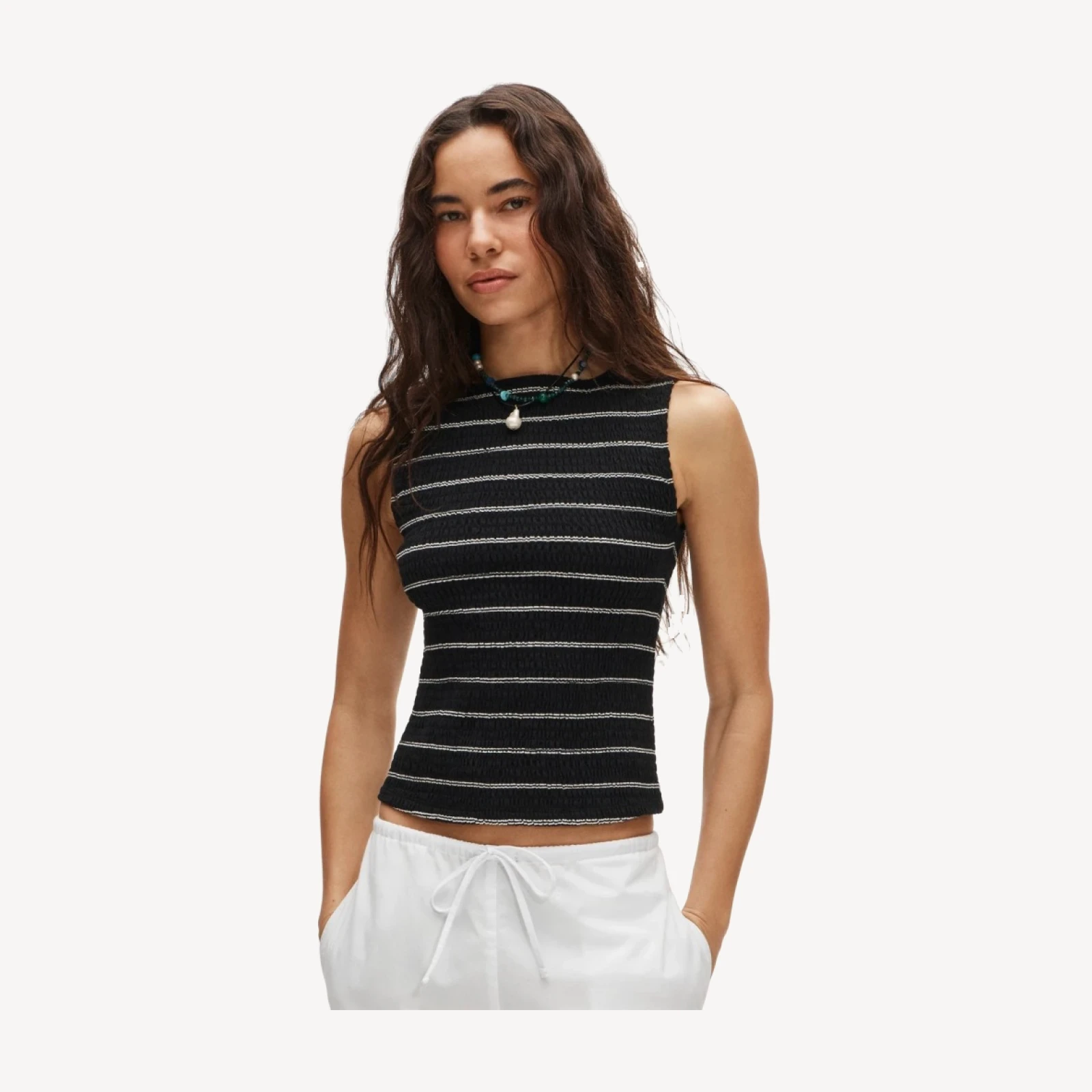 Smocked shell tank top in stripe