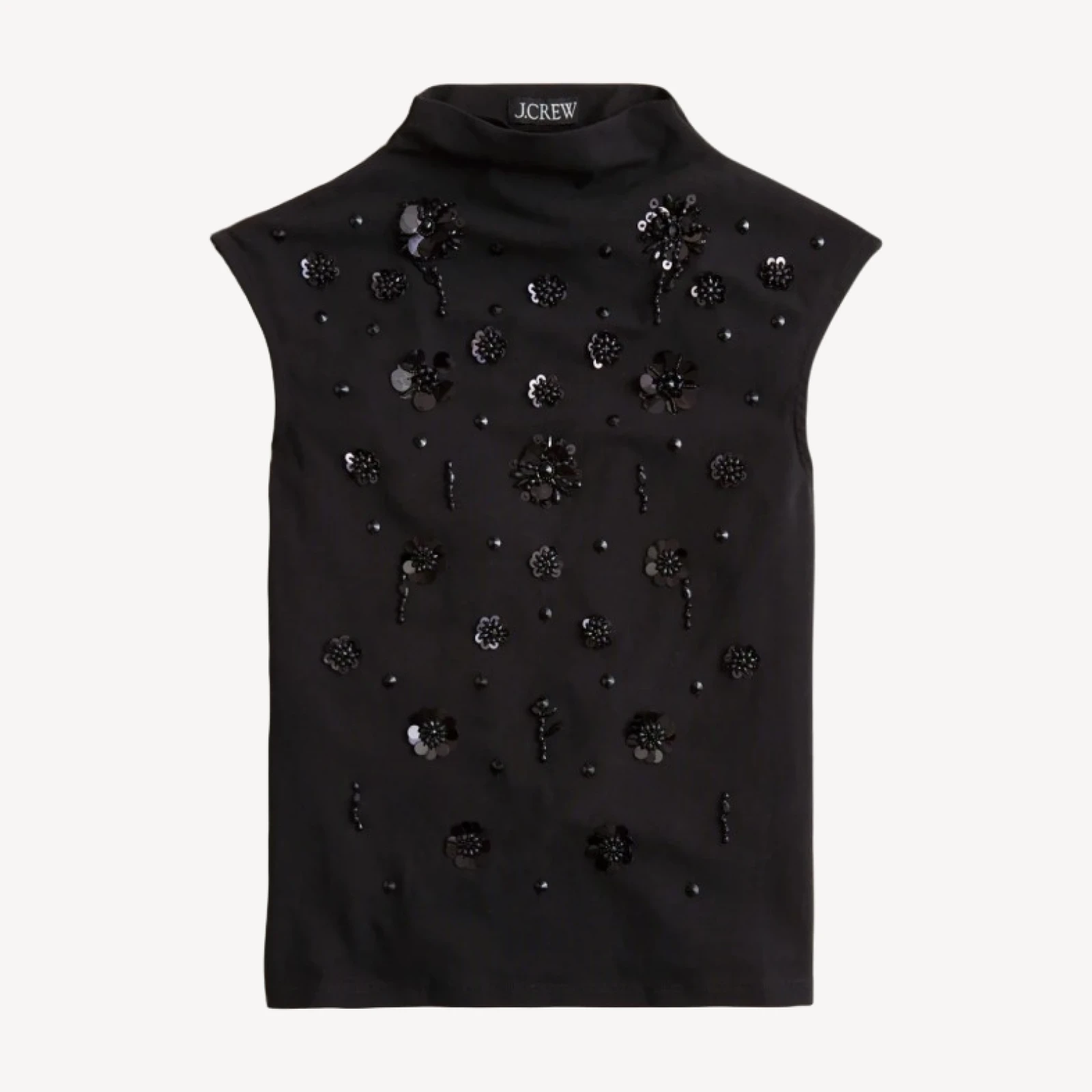Stretch cotton-blend mockneck with floral embellishment