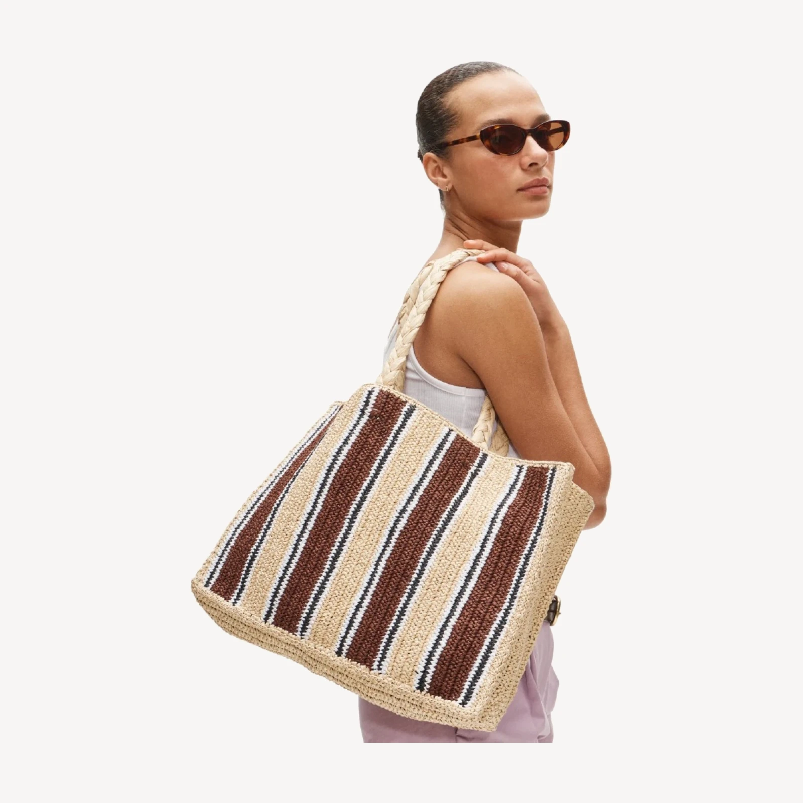 Handknotted straw tote bag in stripe