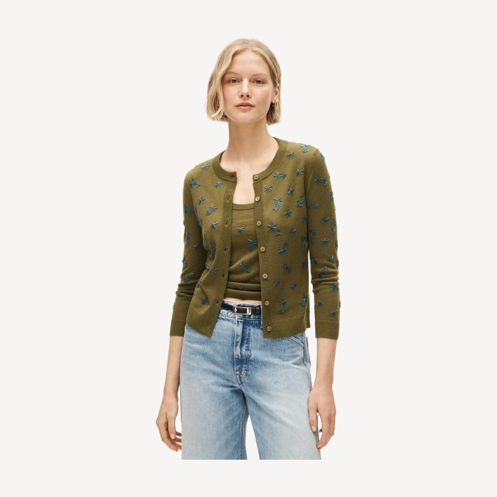 Collection crewneck cardigan in merino wool with embellishments