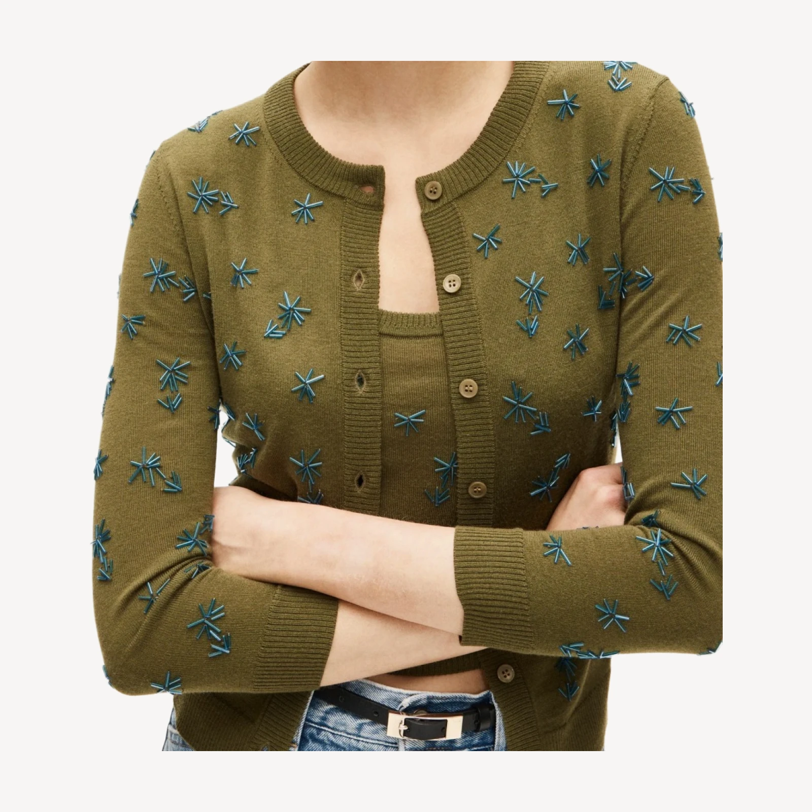 Collection crewneck cardigan in merino wool with embellishments