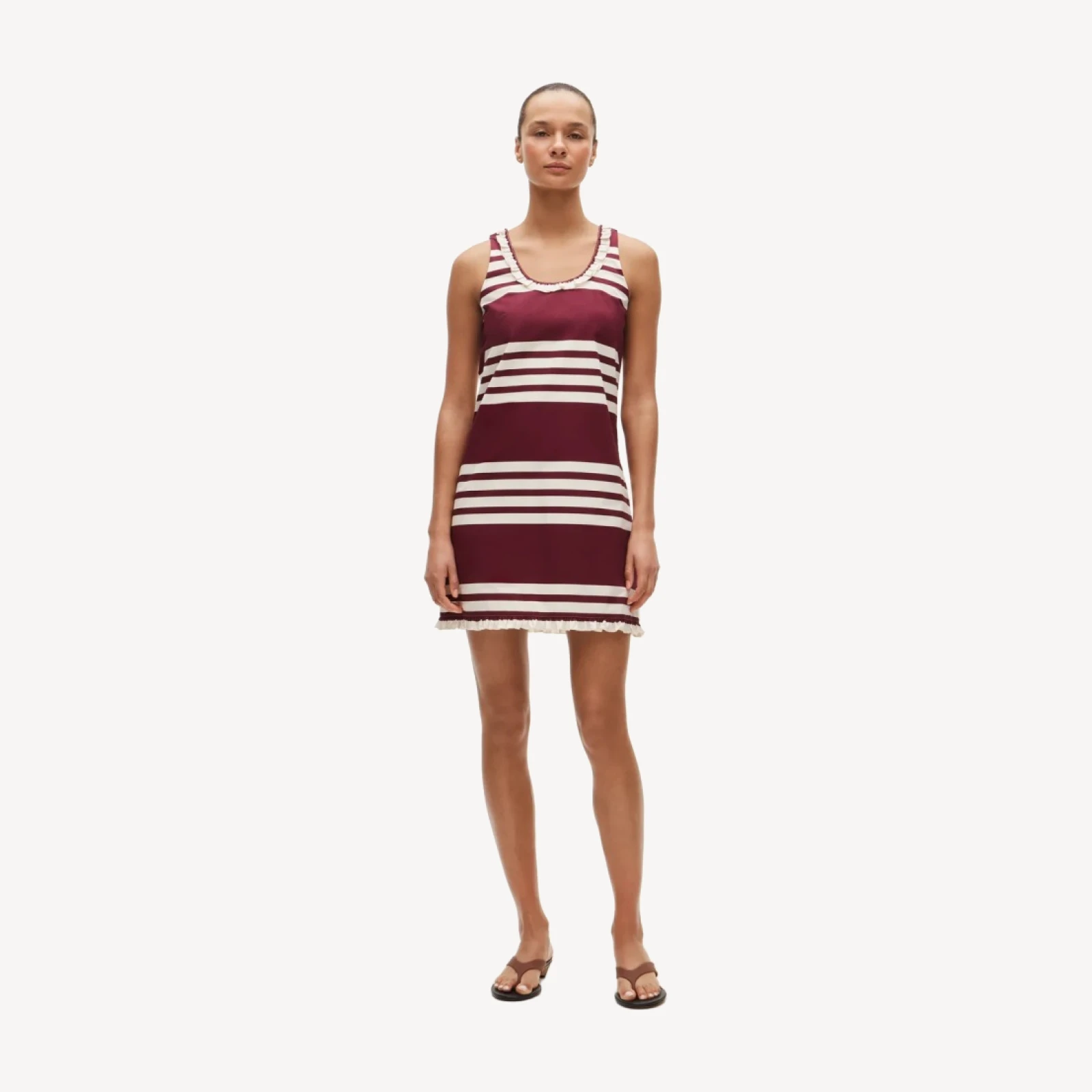 Ruffle-trim scoopneck mini dress in stripe