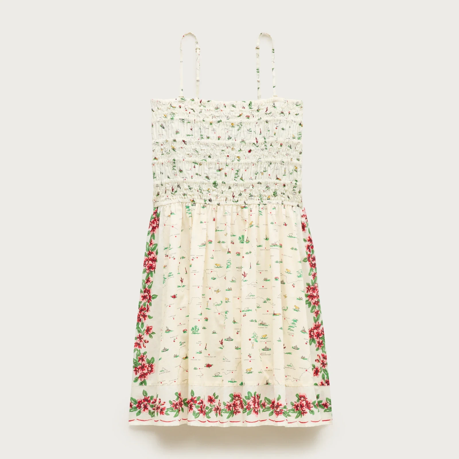 Smocked mini dress in map-print cotton voile