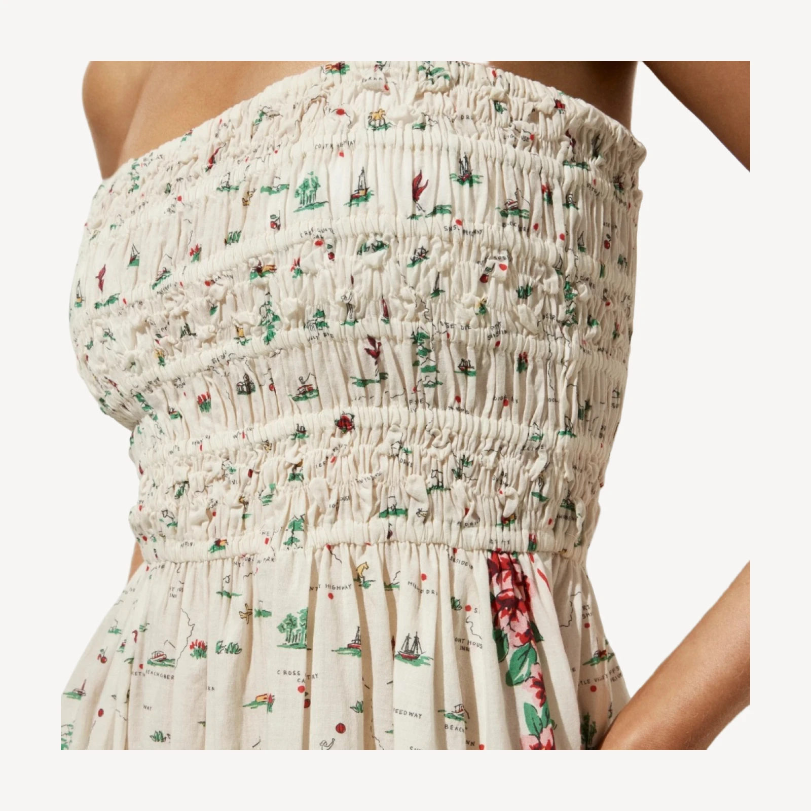 Smocked mini dress in map-print cotton voile