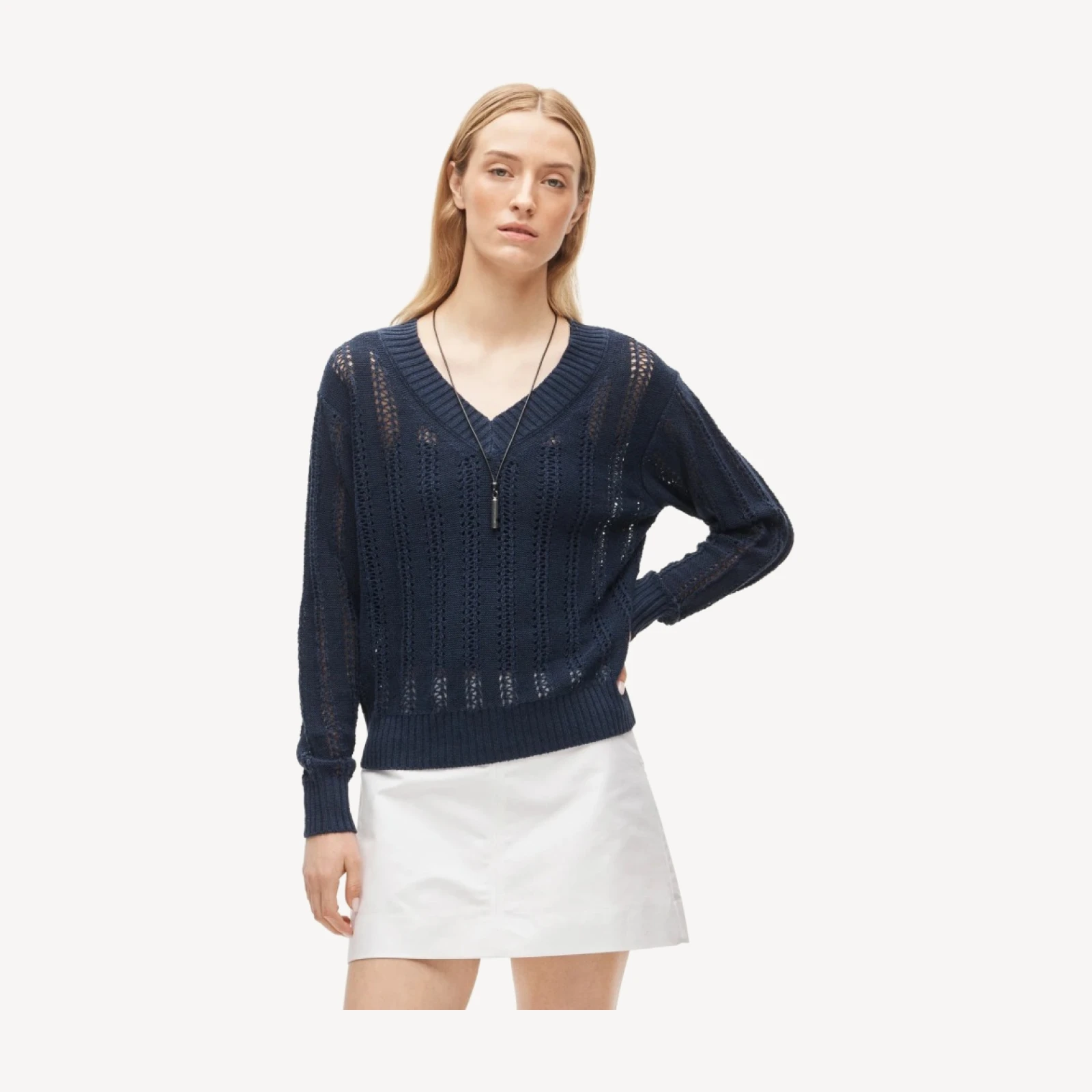 Open-knit V-neck sweater in linen blend