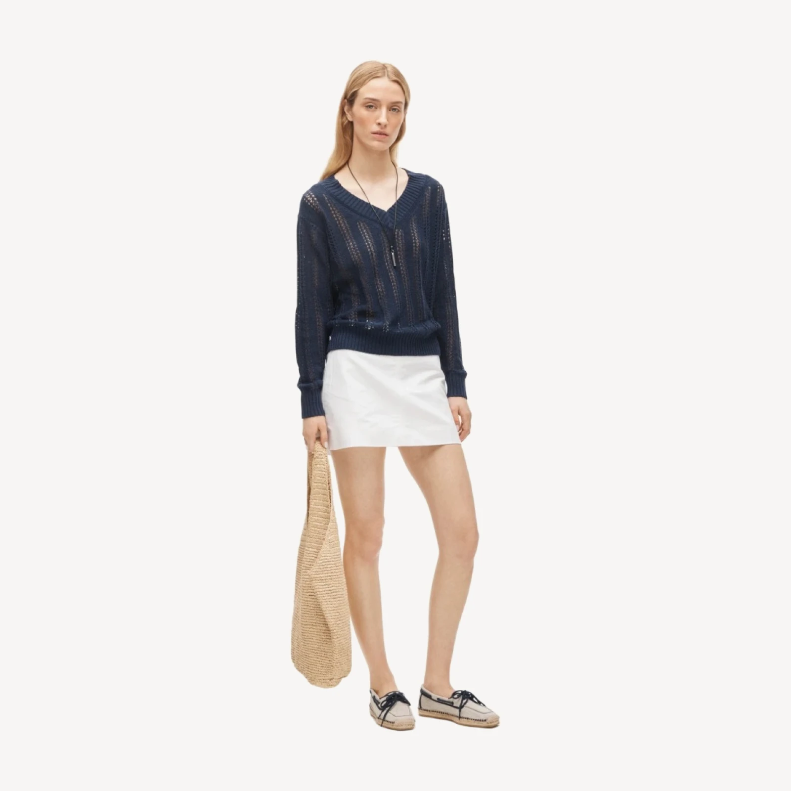 Open-knit V-neck sweater in linen blend