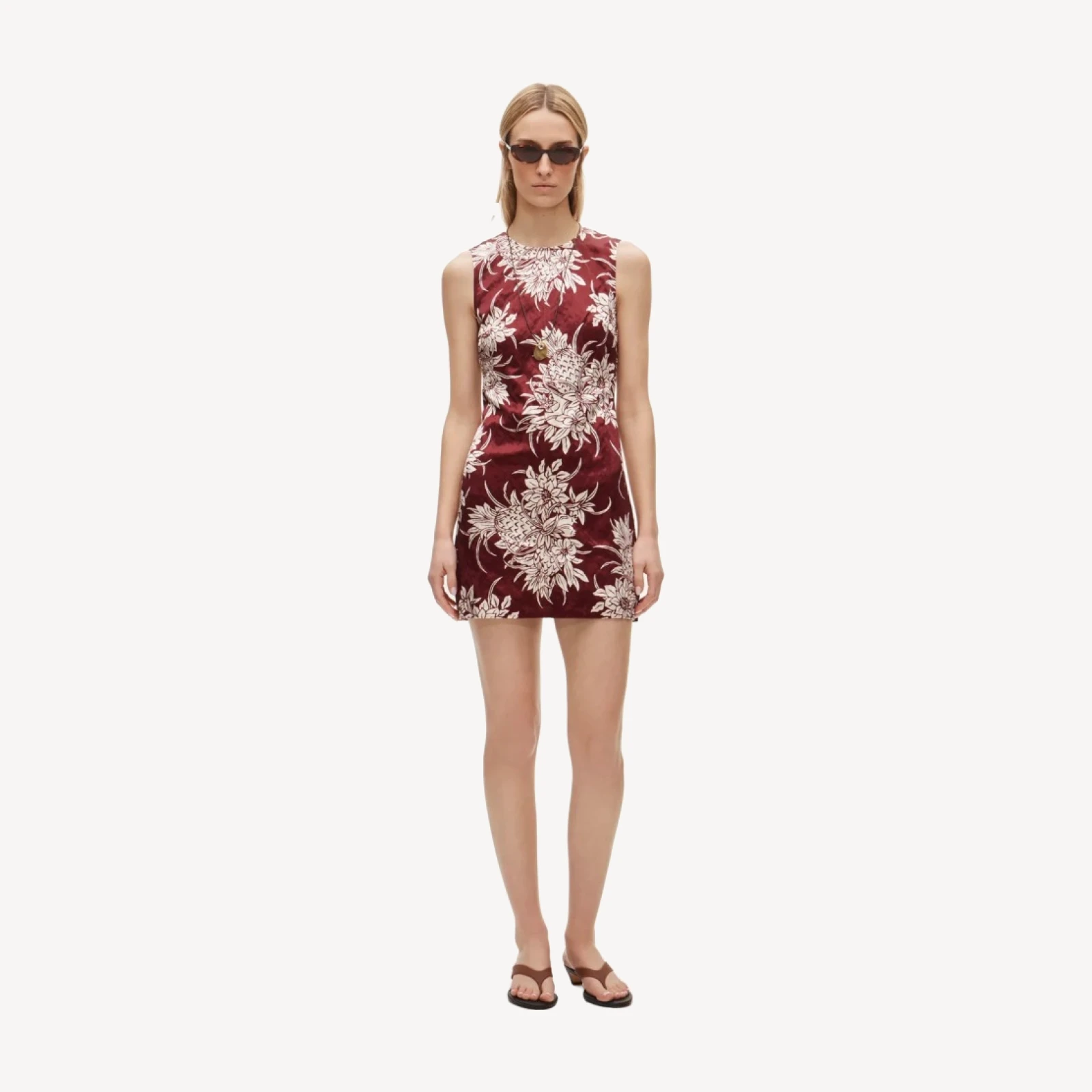Mini shift dress in pineapple garden-print memory satin