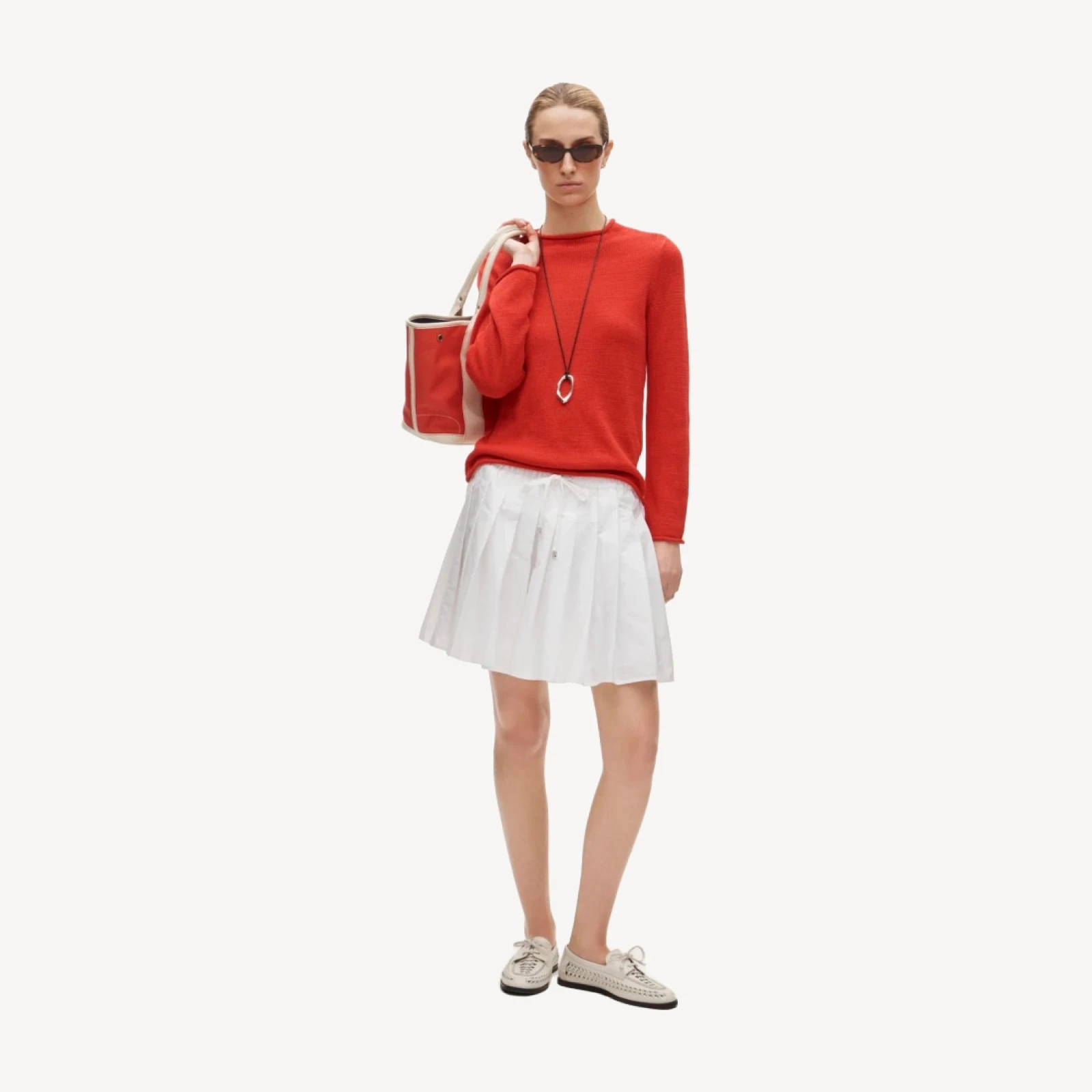 Drawstring pleated mini skirt in cotton poplin