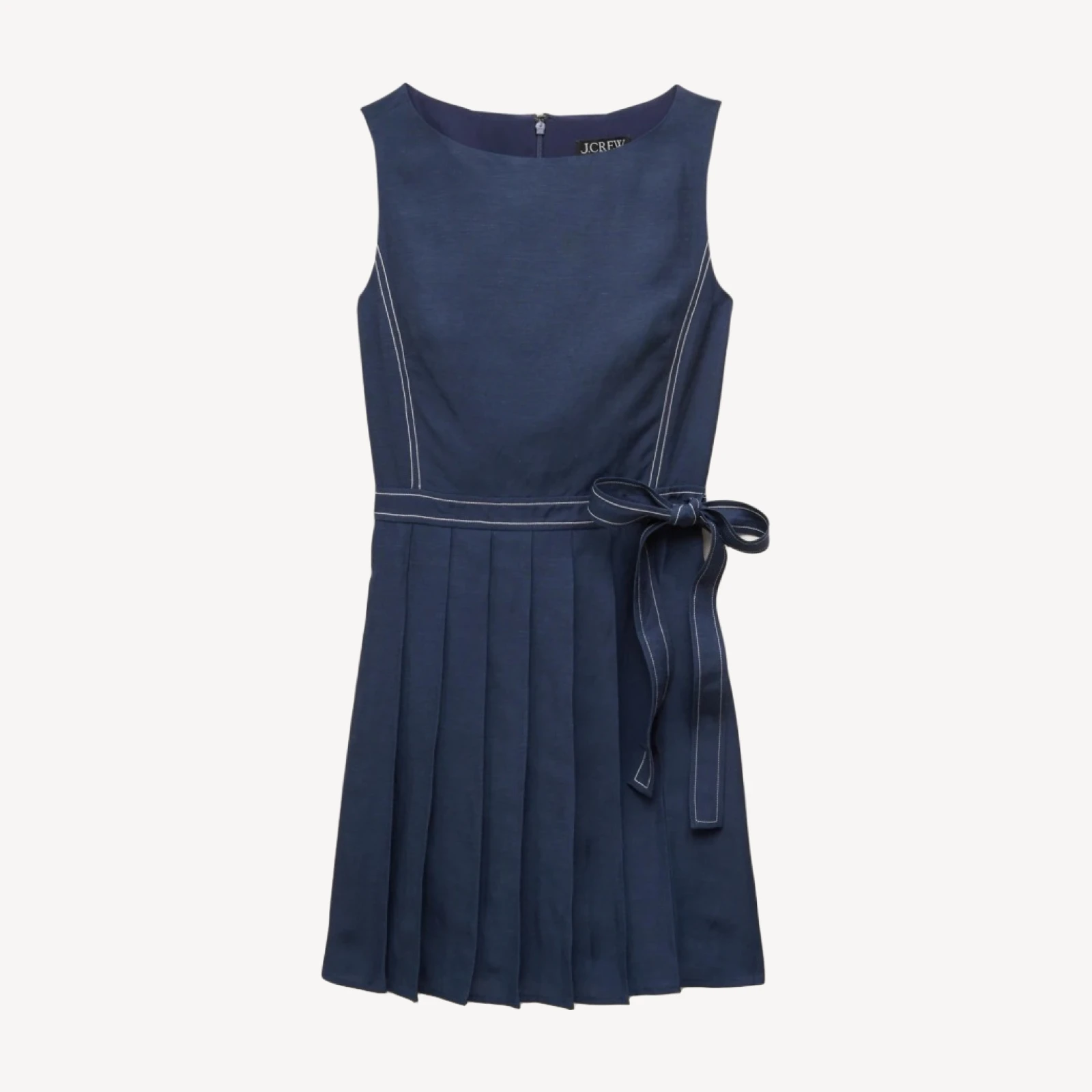 Pleated contrast-stitch side-tie mini dress in linen blend