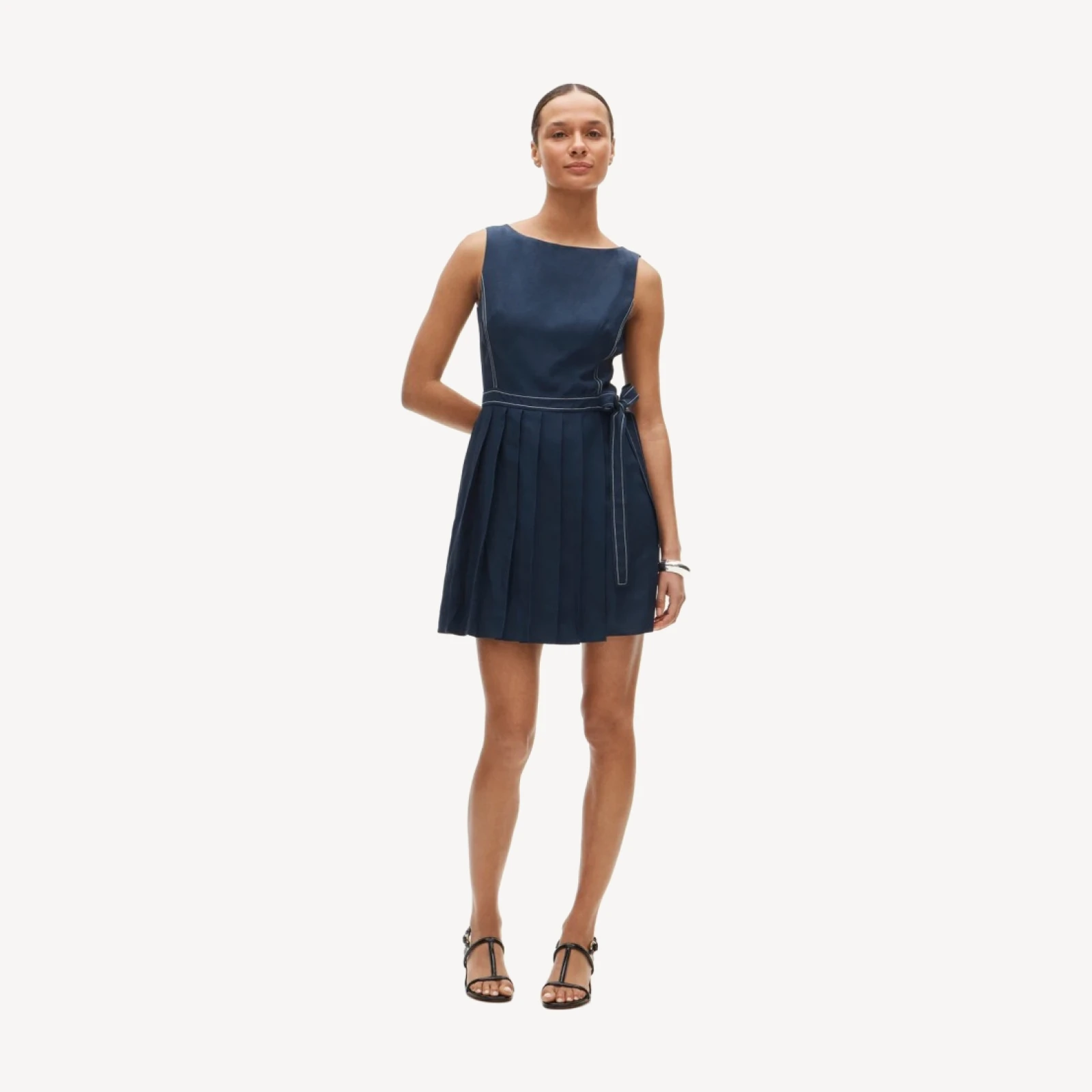 Pleated contrast-stitch side-tie mini dress in linen blend